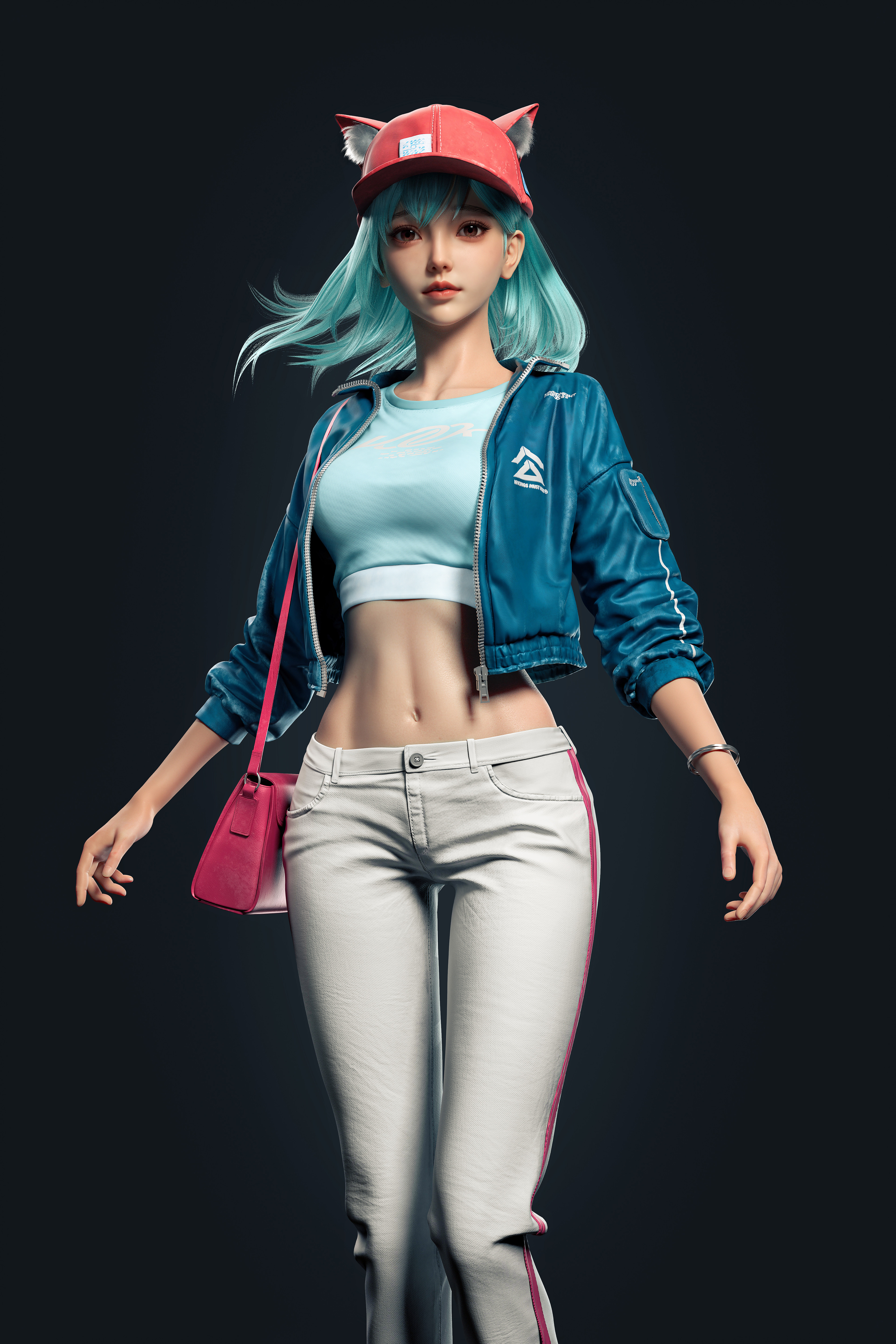 General 3840x5760 Cifangyi CGI women blue hair denim jacket simple background portrait display hat black background long hair minimalism purse standing belly belly button jacket looking at viewer