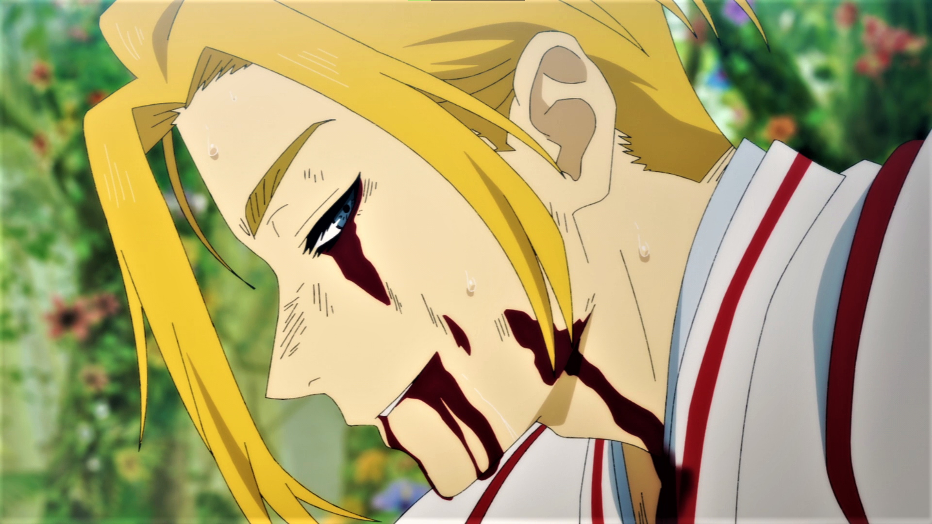 Anime 1920x1080 Hell's Paradise: Jigokuraku Yamada Asaemon Tenza blood smiling blonde anime Anime screenshot anime boys blue eyes blurred blurry background
