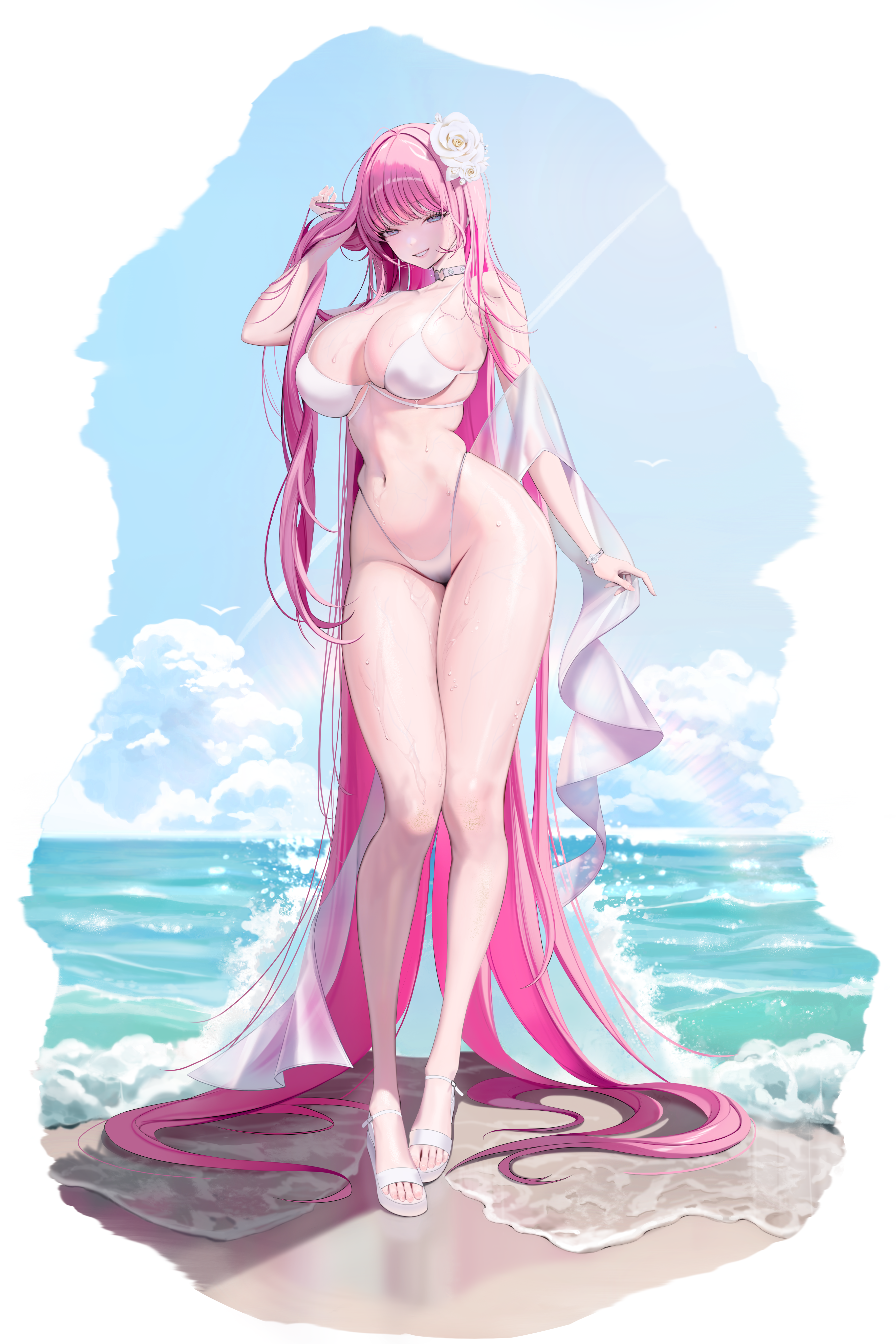 Anime 3543x5315 anime girls portrait display beach white bikini water looking at viewer sky simple background minimalism long hair pink hair gray eyes flowers wet body flower in hair smiling big boobs cleavage thighs belly button belly swimwear wet hair ornament sunlight sea legs Brokenspirits water drops white background waves women on beach sandals toes choker clouds