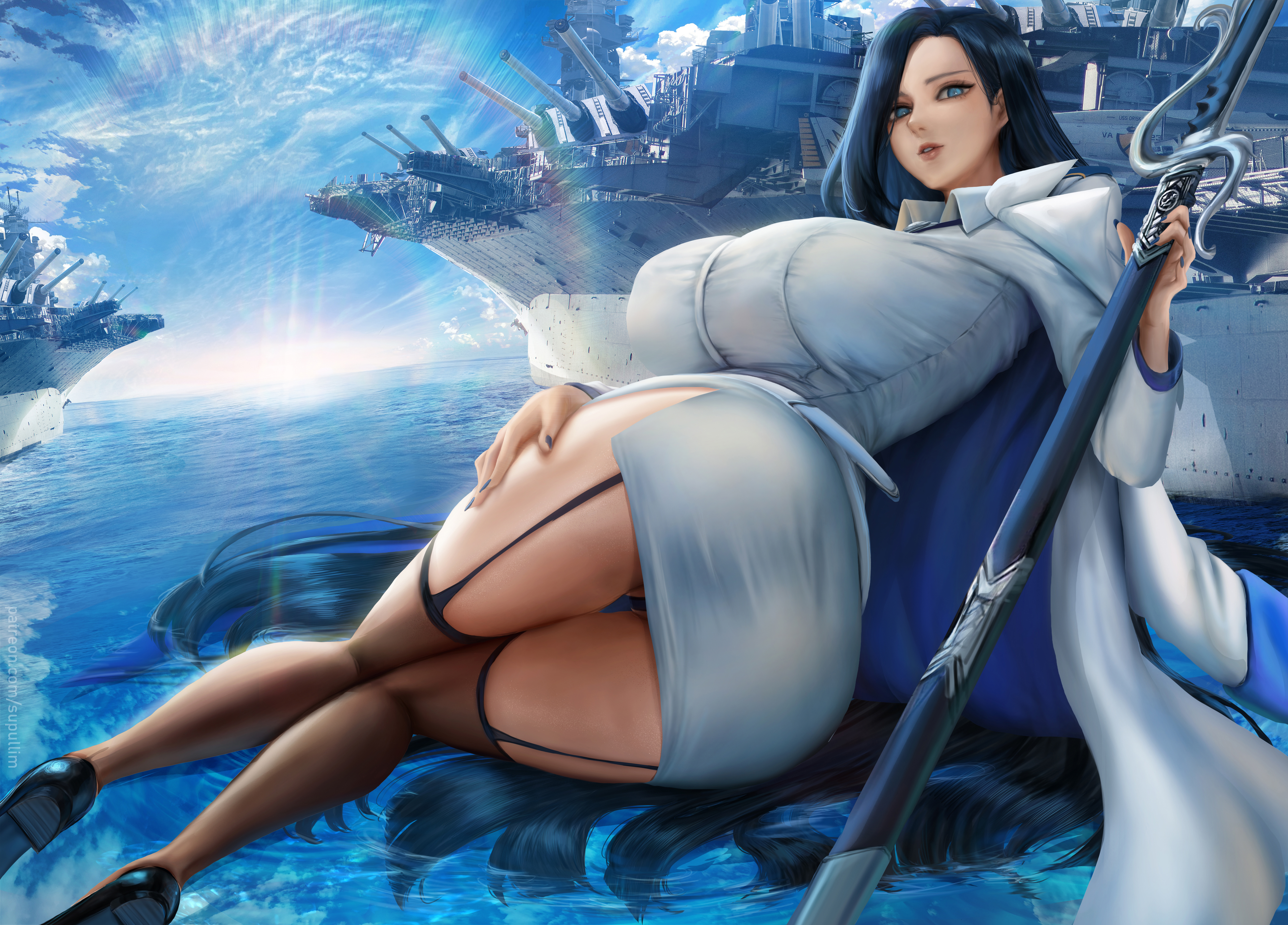 Anime 6000x4308 Invincible Dragon Last Origin video games anime anime girls aircraft carrier warship artwork drawing 2D fan art supullim sword ass stockings lying on side big boobs looking at viewer water uniform garter straps clouds sky