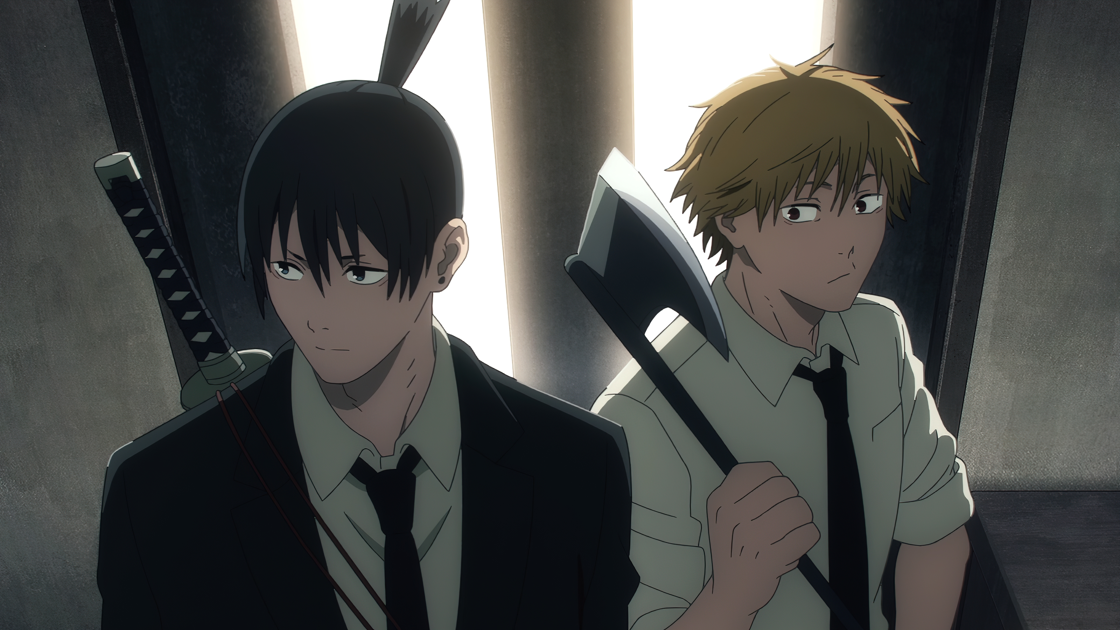 Anime 3840x2160 anime Chainsaw Man 4K Anime screenshot Denji (Chainsaw Man) Aki (Chainsaw Man) anime boys axes weapon