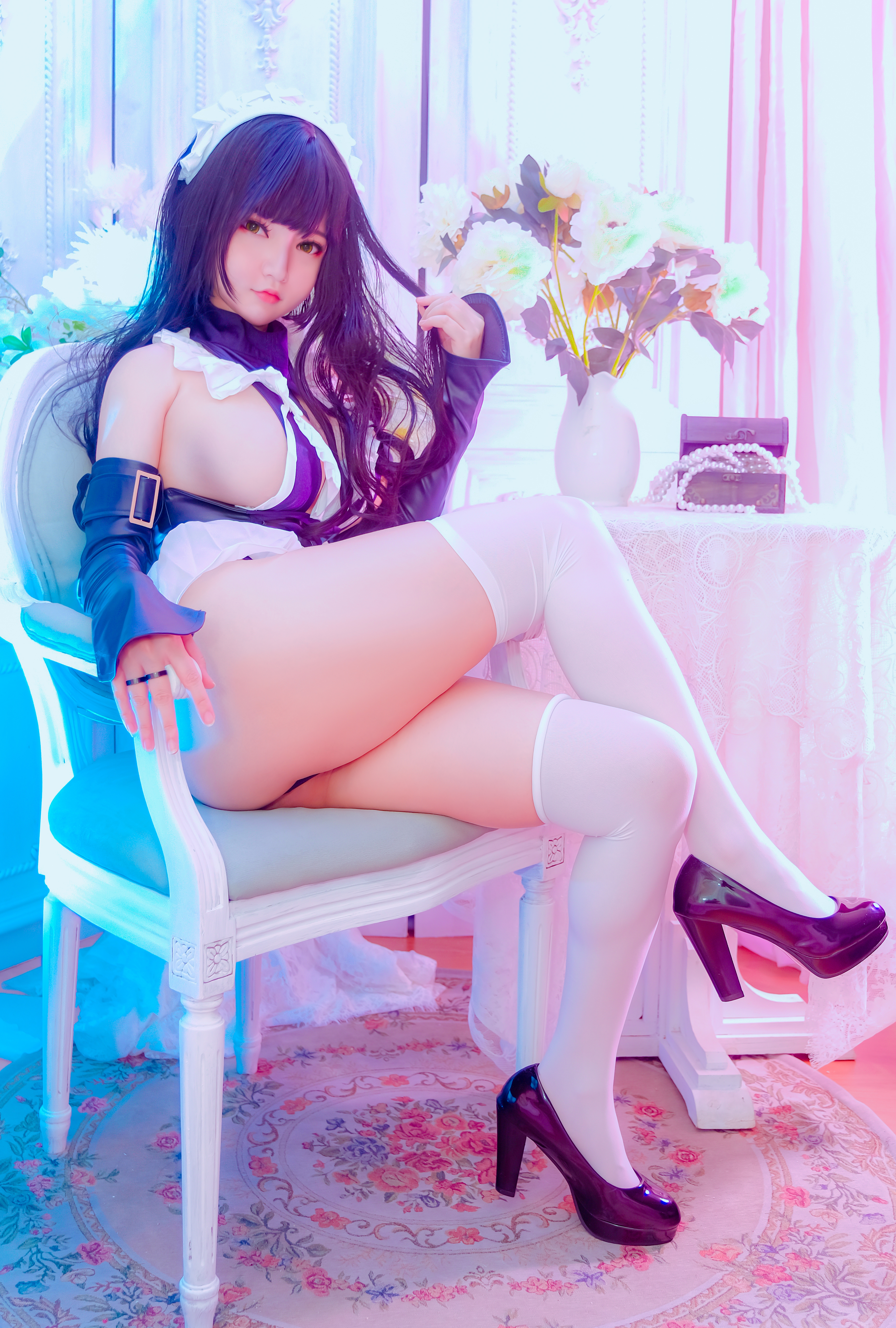 People 3478x5153 Potato Godzilla cosplay model leather tights heels boobs costumes chair women maid outfit White leggings stockings high heels legs crossed white stockings