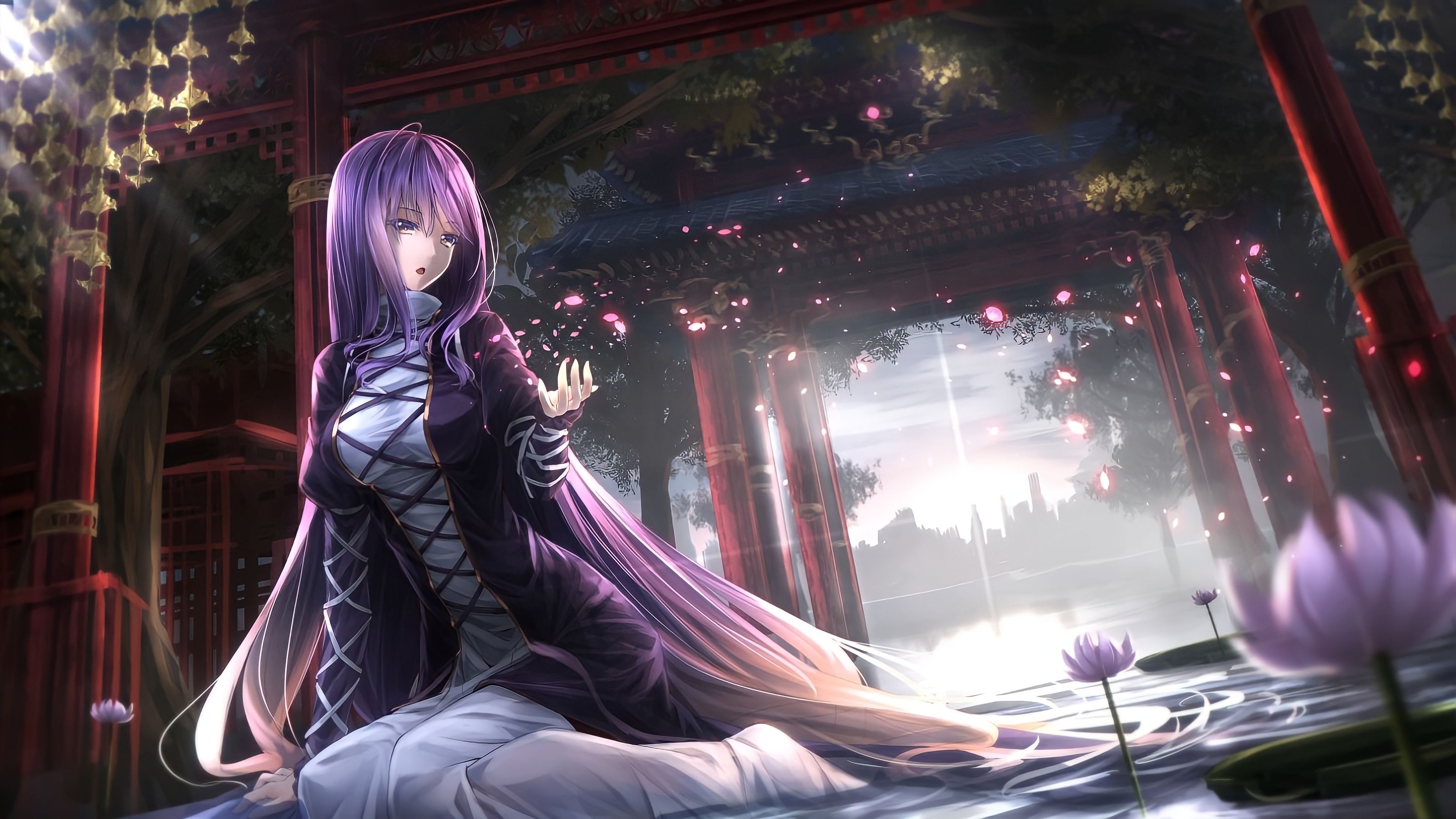 Anime 3200x1800 Touhou Hijiri Byakuren anime girls flowers water purple hair long hair petals shrine