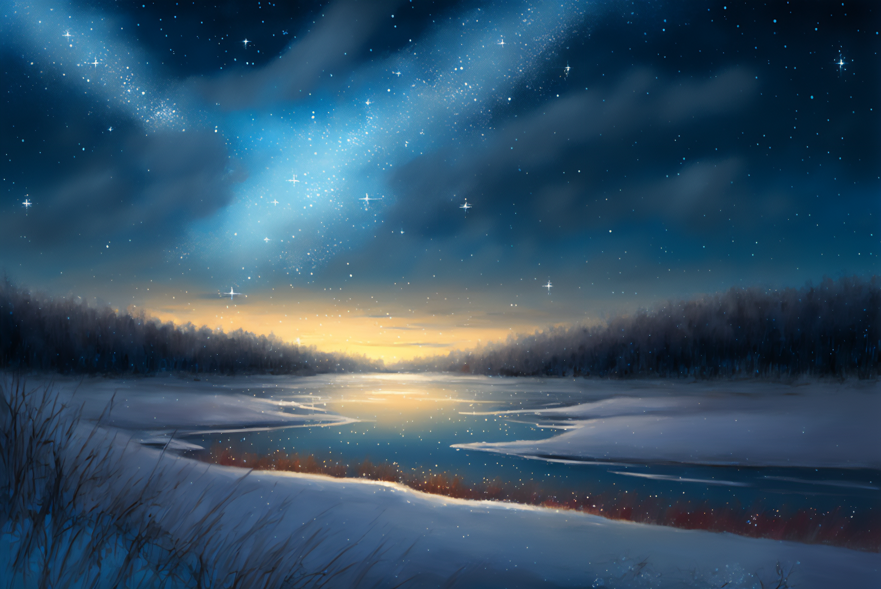General 3060x2048 AI art winter snow trees painting illustration night sky sky starry night nature water