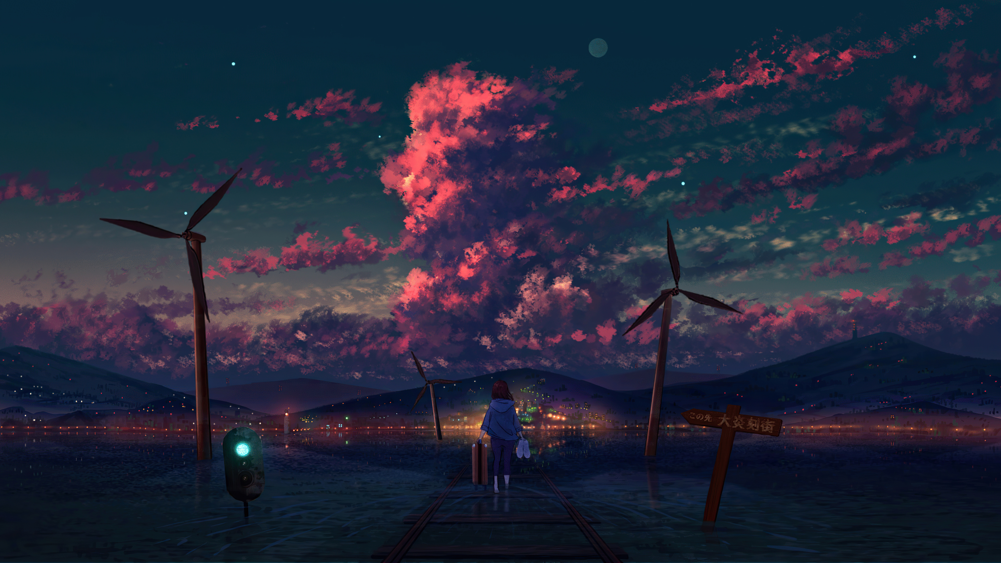 Anime 3840x2160 anime anime girls scenery clouds city lights mountains