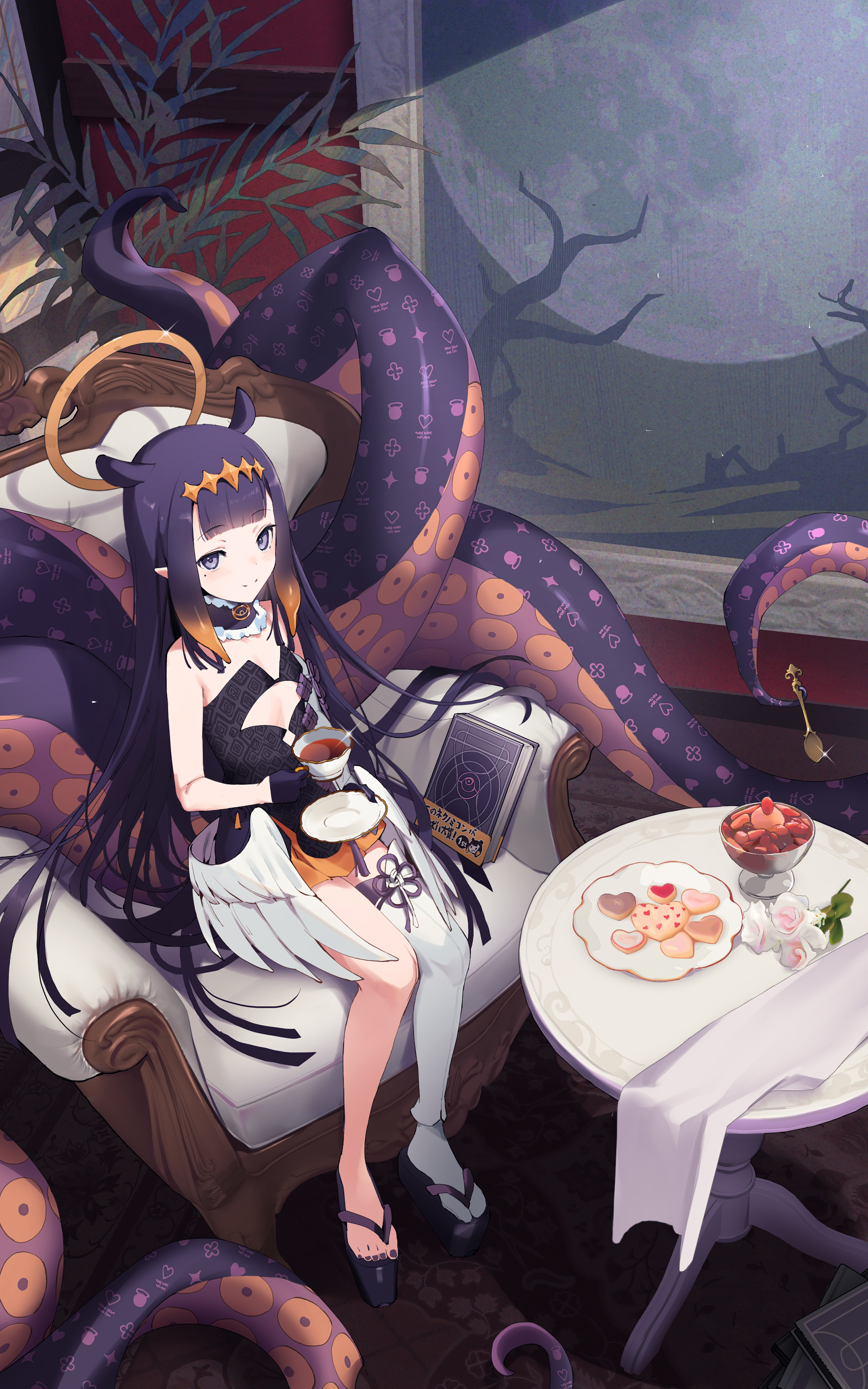 Anime 3750x6000 anime anime girls Ninomae Ina'nis Hololive Hololive English moles missing stocking food looking at viewer tea tentacles high angle portrait display Virtual Youtuber sweets cookies