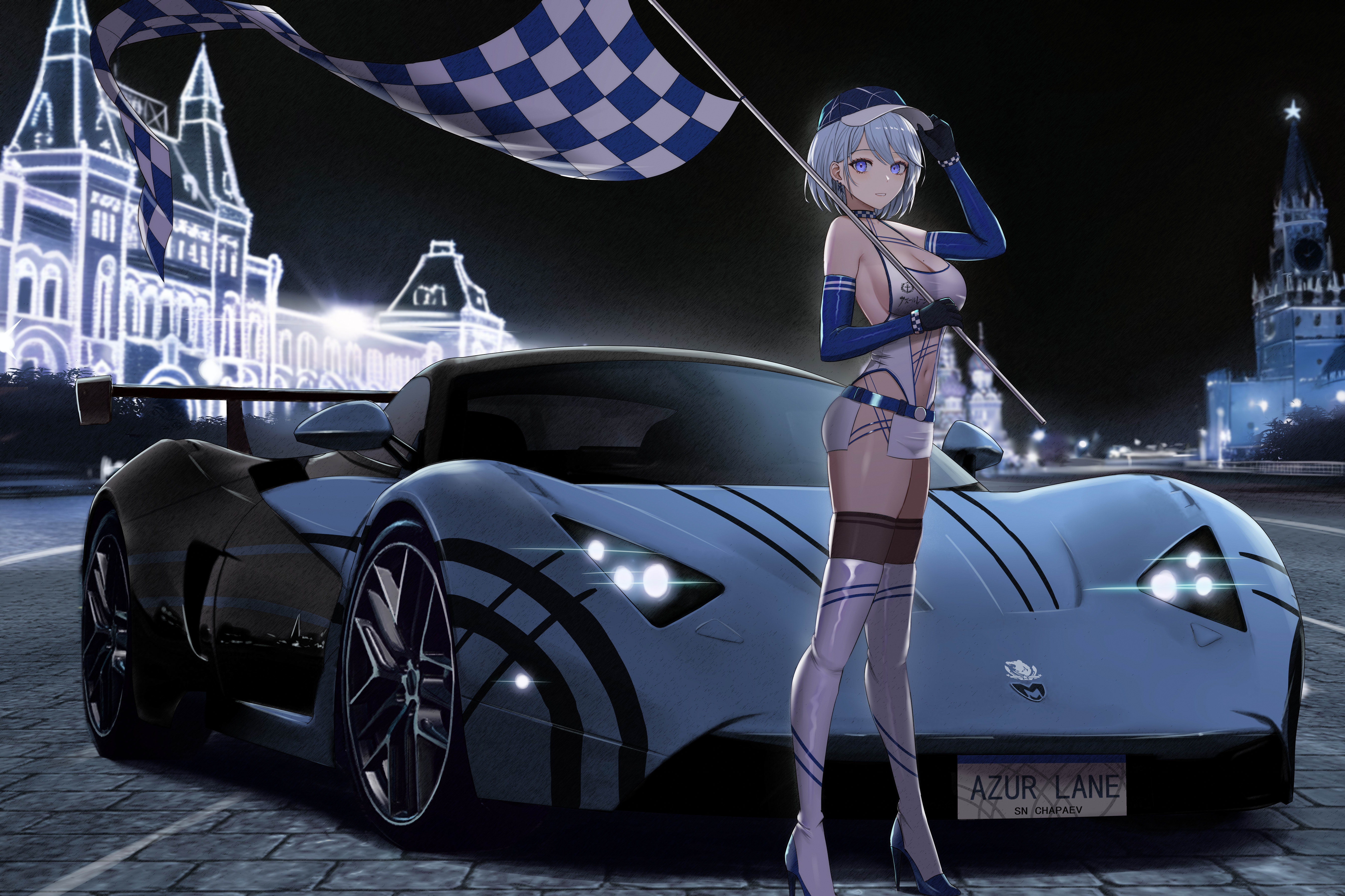 Anime 5400x3600 anime girls racing Azur Lane skimpy clothes flag car heels hat big boobs Chapayev (Azur Lane) Race Queen Outfit Marussia Russian cars Red Square Kremlin Russia Moscow