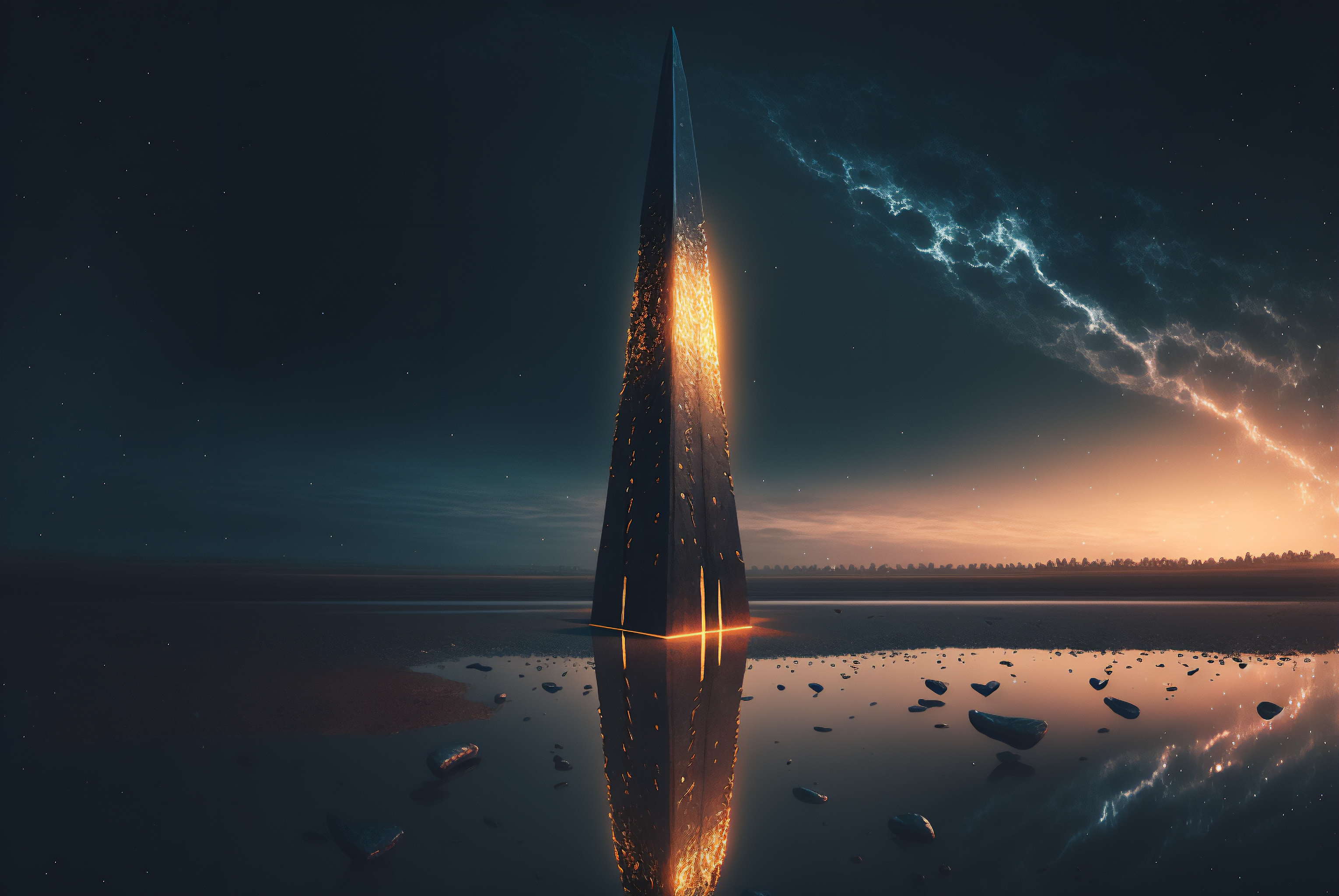 General 3060x2048 AI art Obelisk beach dawn reflection