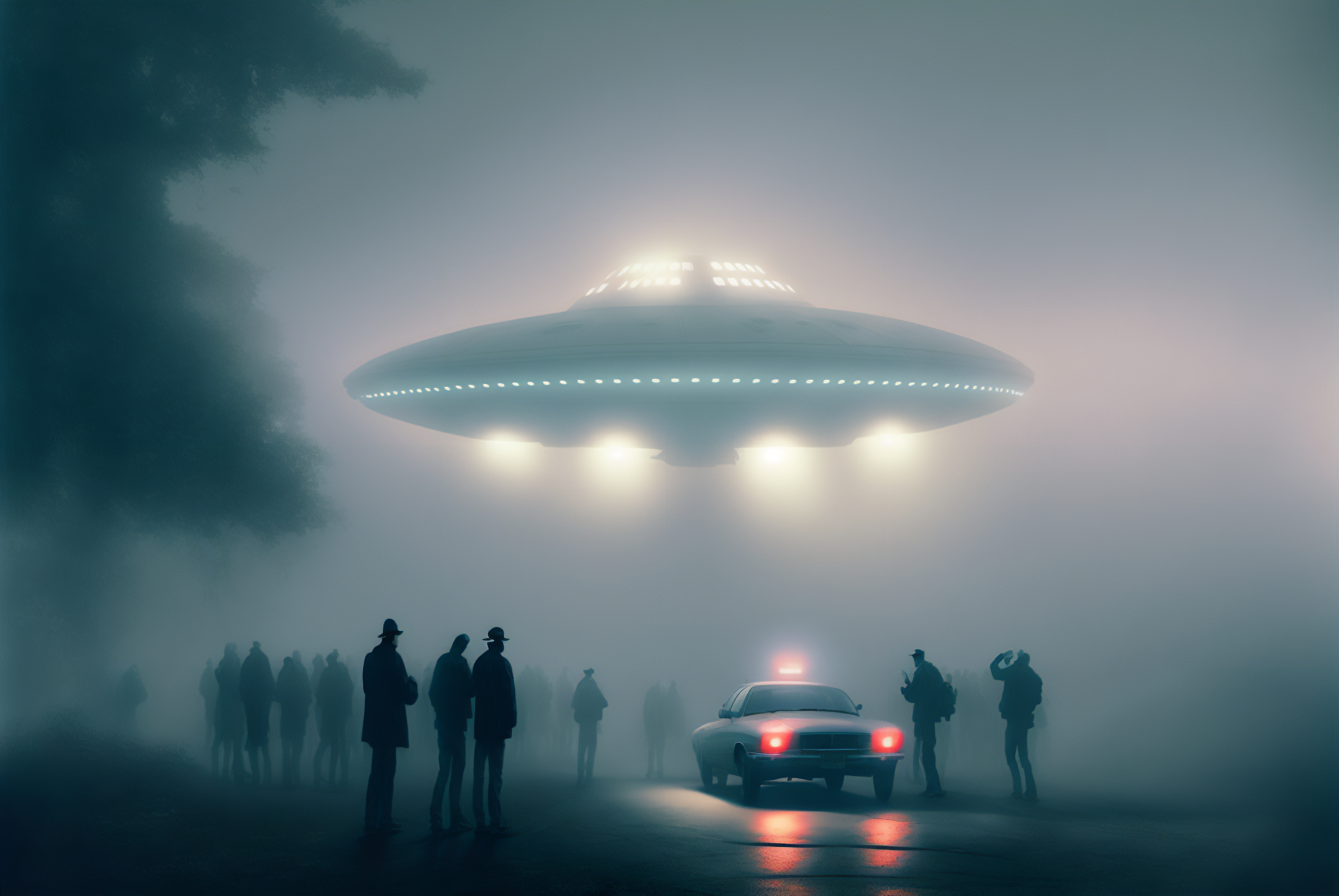 General 3060x2048 AI art mist UFO flying saucers silhouette car