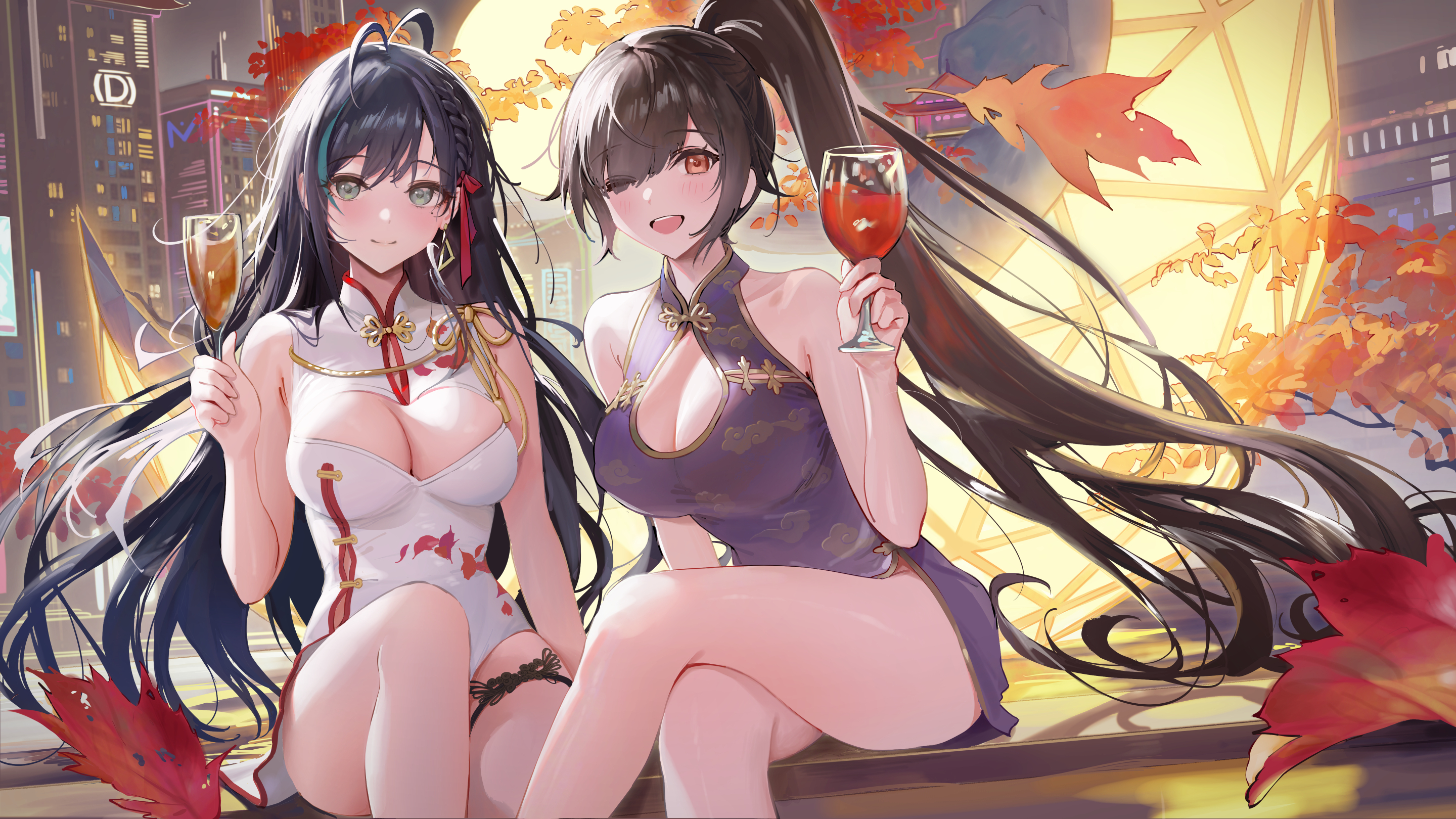 Anime 2880x1620 anime anime girls cleavage cleavage cutout Chinese dress legs crossed leaves one eye closed ponytail two women Tower of Fantasy Lin (Tower of Fantasy)