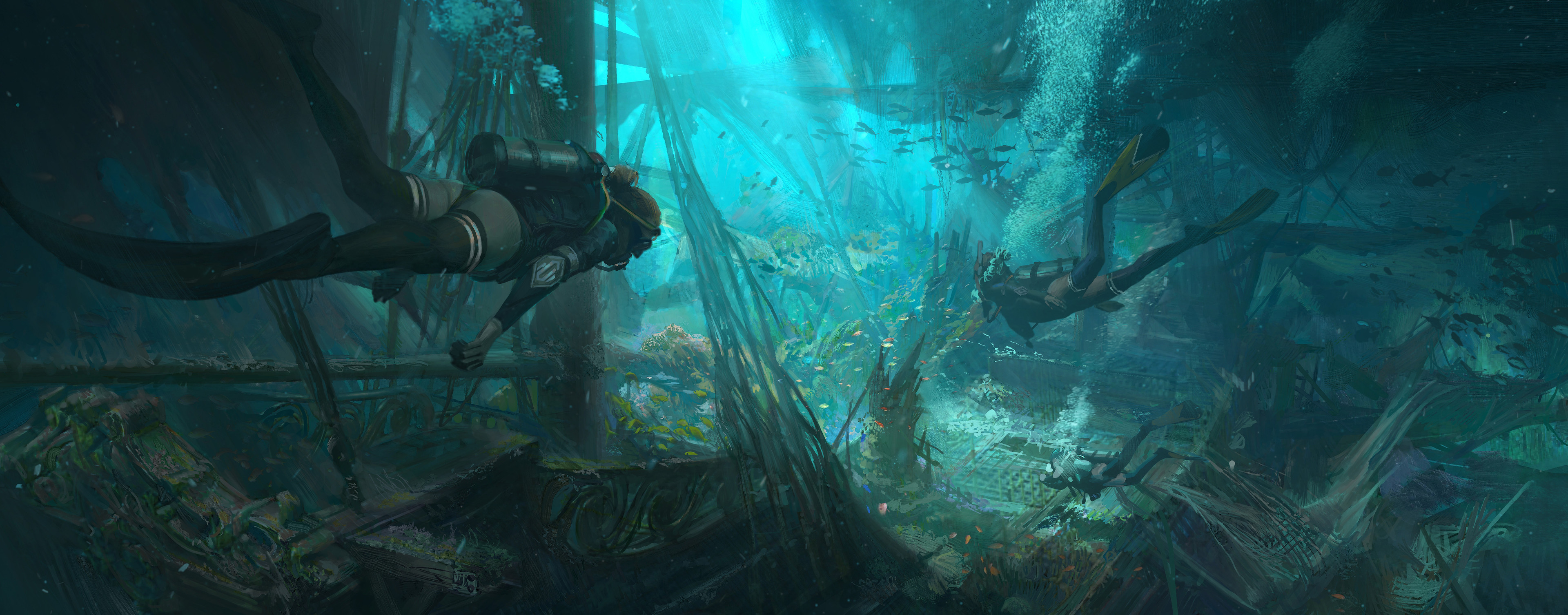 General 3840x1508 digital art artwork illustration drawing underwater scuba diving environment ruins ship fish animals water swimming