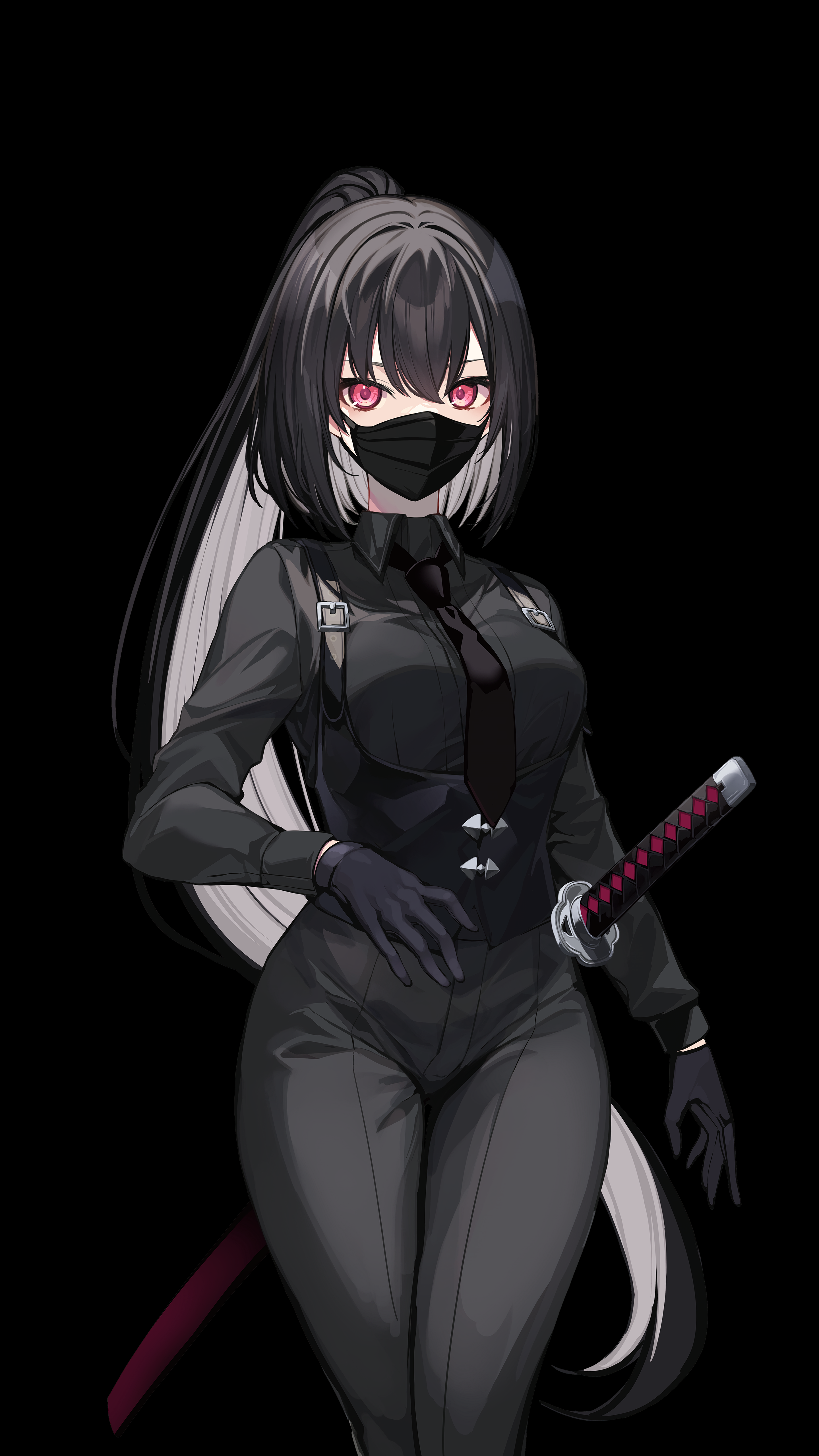 Anime 2880x5120 anime anime girls portrait display mask black background simple background sword katana red eyes black hair minimalism gloves