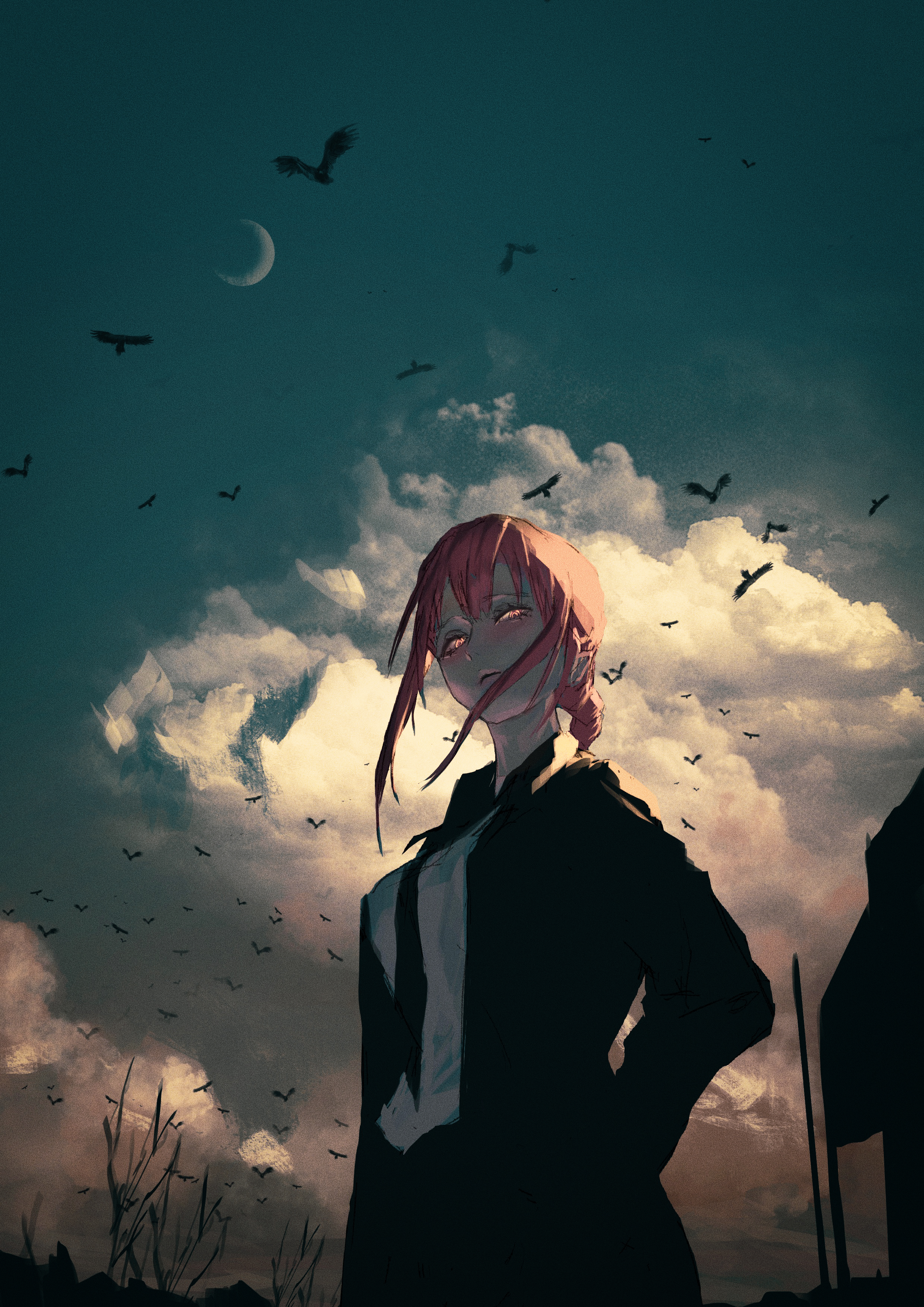 Anime 2480x3508 Makima (Chainsaw Man) clouds Moon suit and tie Neg pink hair low-angle Chainsaw Man anime girls suits tie portrait display birds