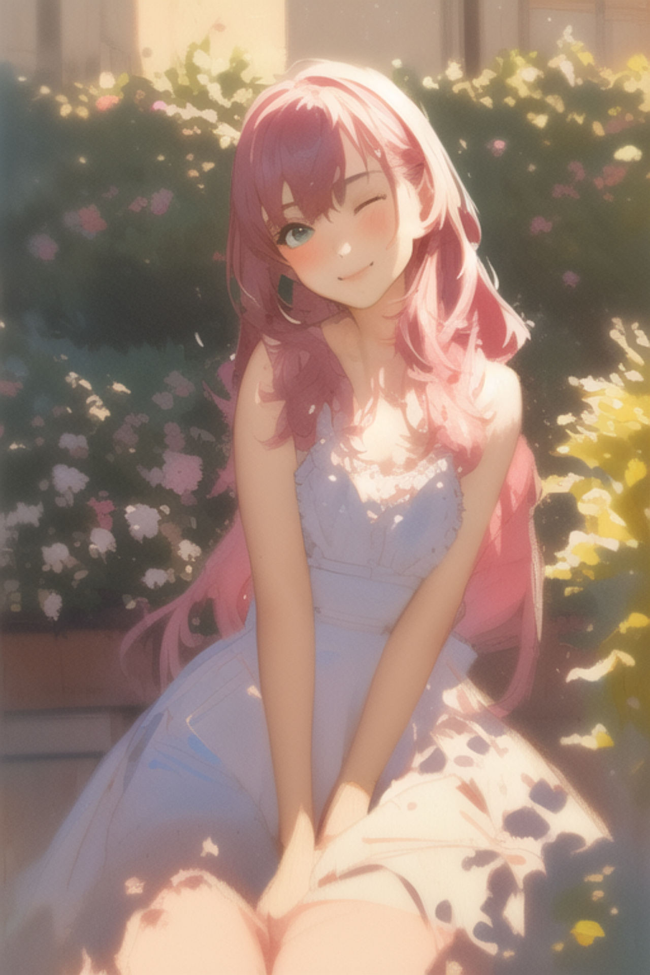 Anime 1280x1920 pink hair wink white dress smiling impressionism Sunny novel ai portrait display one eye closed flowers AI art