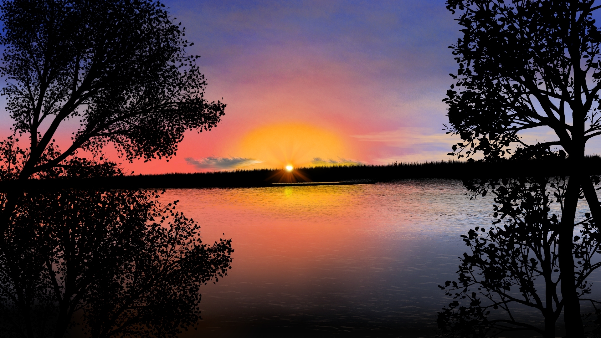 General 1920x1080 digital painting digital art landscape nature twilight silhouette Sun sunset sunset glow water trees