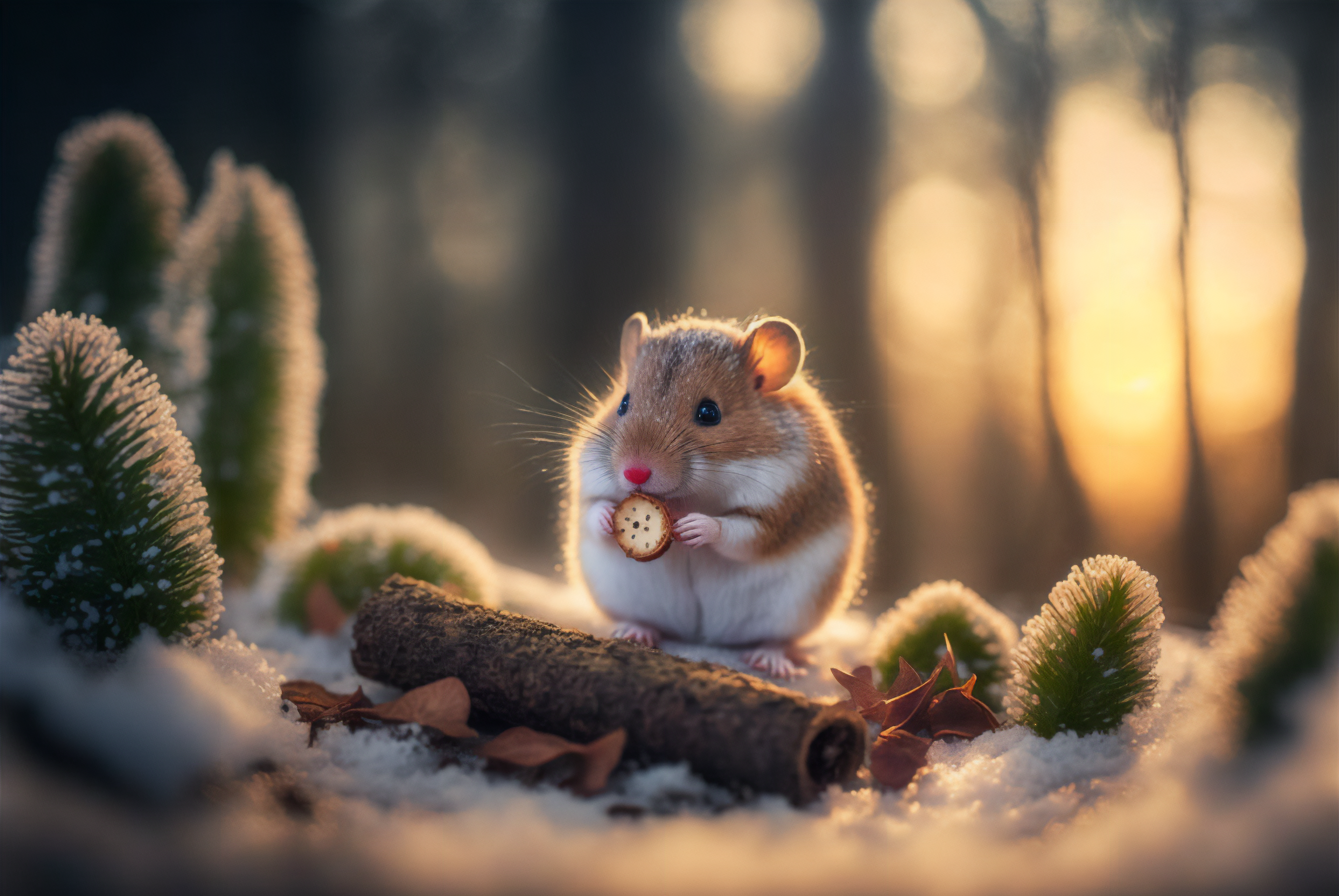 General 3060x2048 AI art winter snow frost animals mice hamster eating rodent digital art blurred blurry background