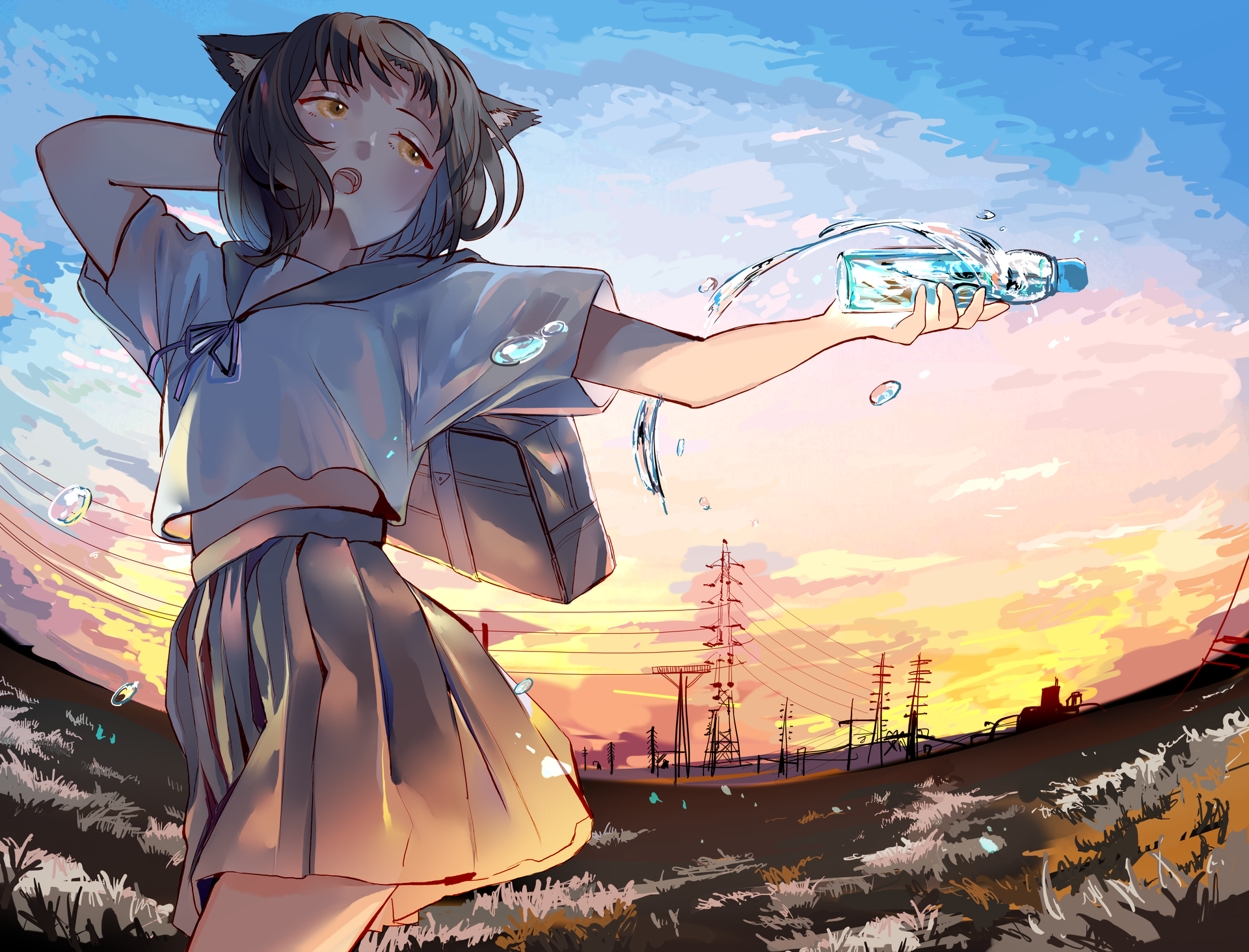 Anime 1920x1463 2D anime girls schoolgirl school uniform water bottle