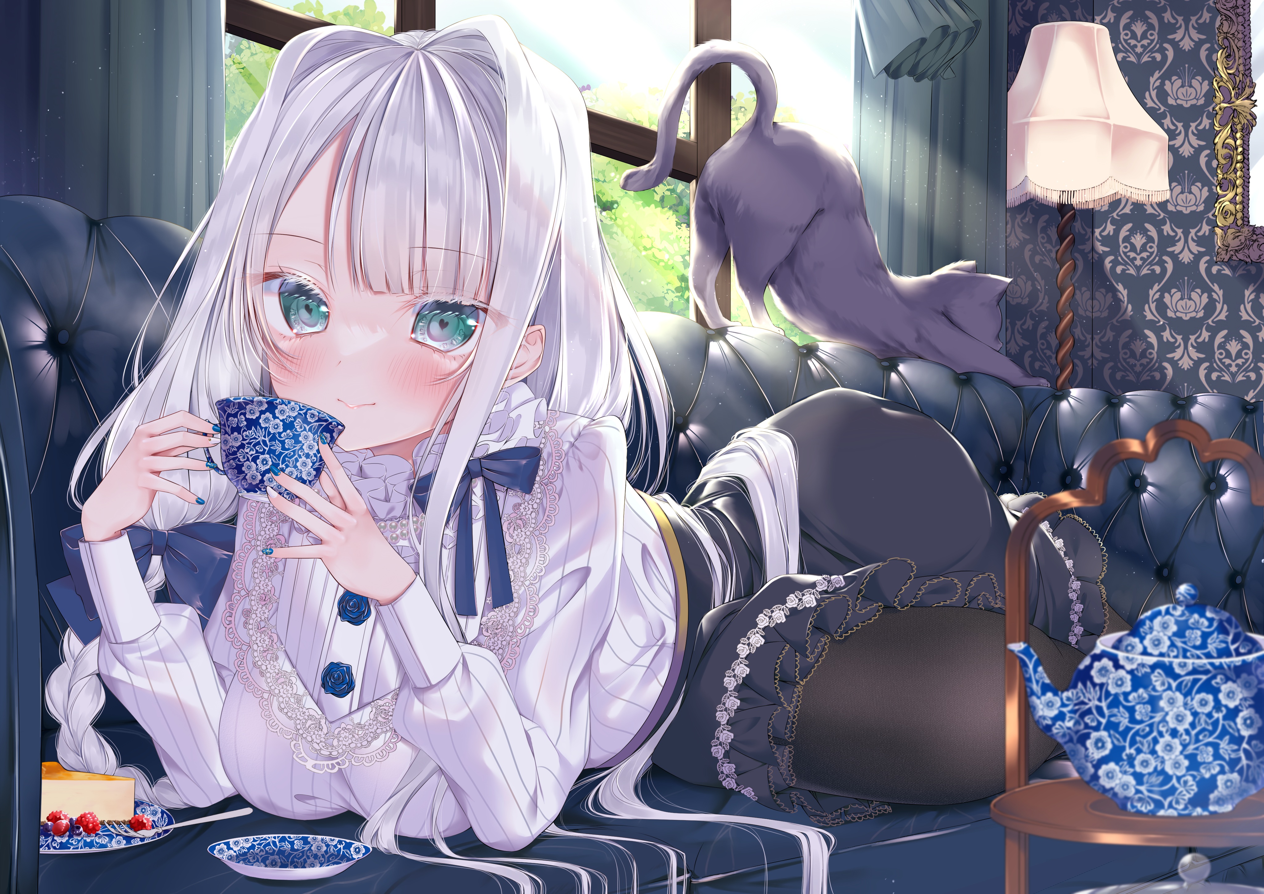 Anime 4092x2893 anime anime girls lying on front tea cats white hair blue eyes heart eyes long hair lying on couch cake looking at viewer