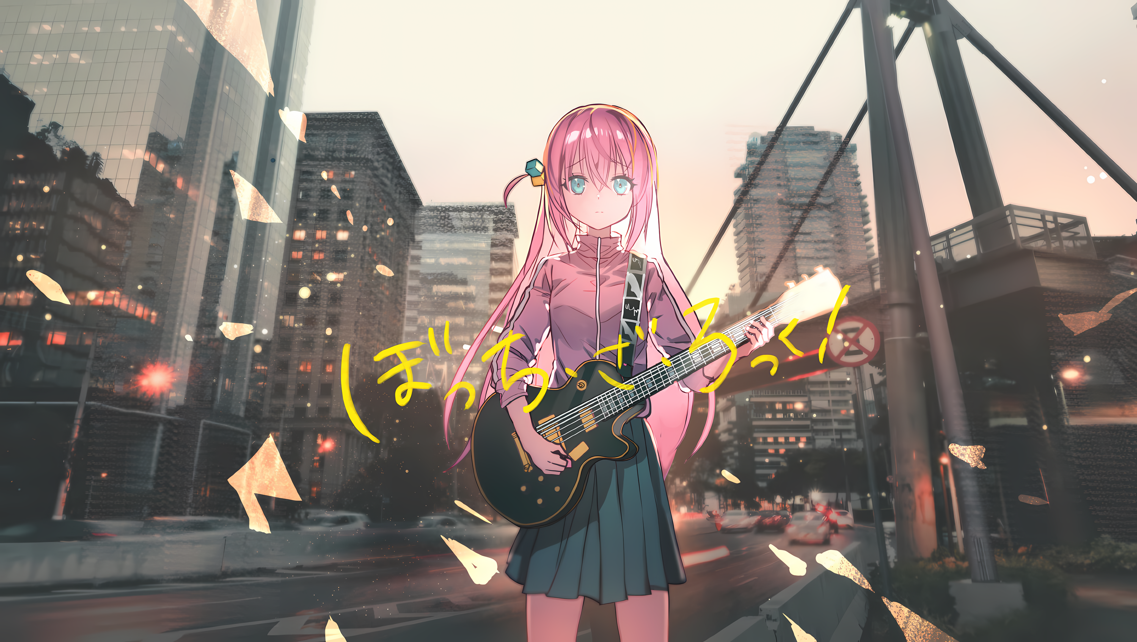 Anime 3824x2160 BOCCHI THE ROCK! anime anime girls guitar musical instrument Japanese pink hair blue eyes Gotou Hitori