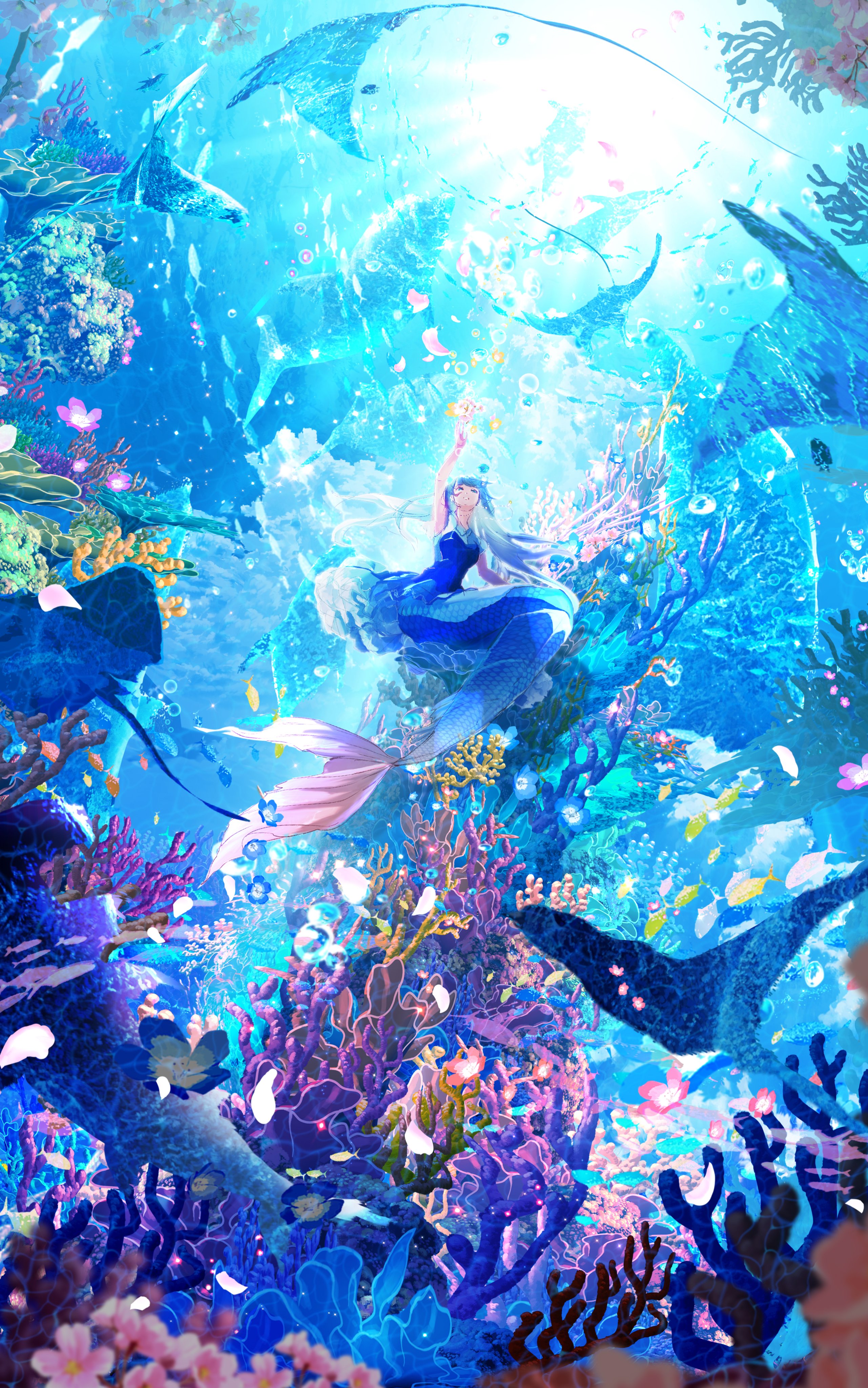 Anime 2562x4096 mermaids underwater portrait display long hair monster girl looking up blue eyes low-angle coral reef sleeveless manta rays outdoors arms reaching coral fish makoron117 bubbles nature petals water