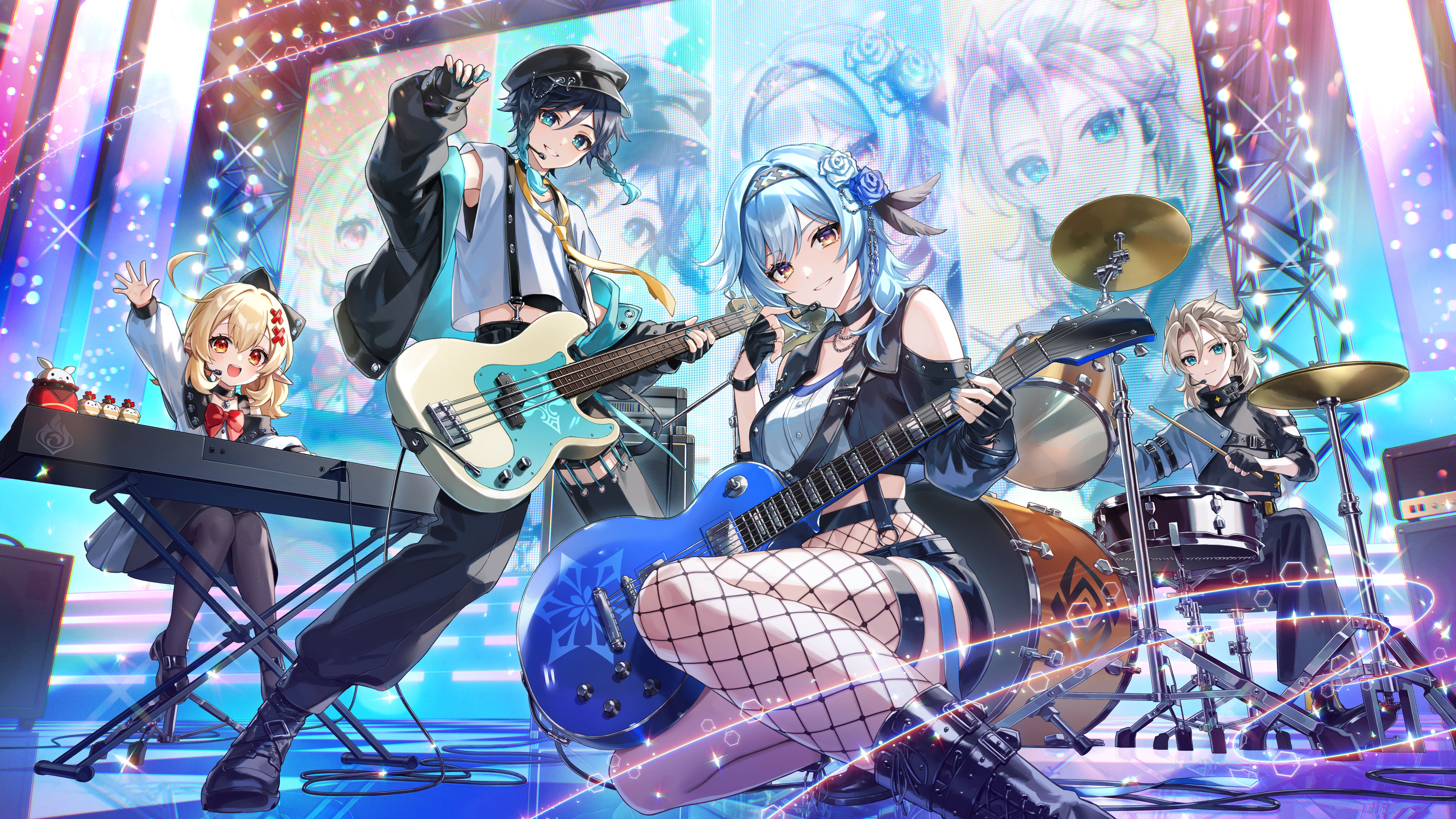 Anime 5760x3240 Genshin Impact artwork Eula (Genshin Impact) Venti (Genshin Impact) Klee (Genshin Impact) Albedo (Genshin Impact) anime anime girls anime boys band music guitar stages drum and bass electric guitar