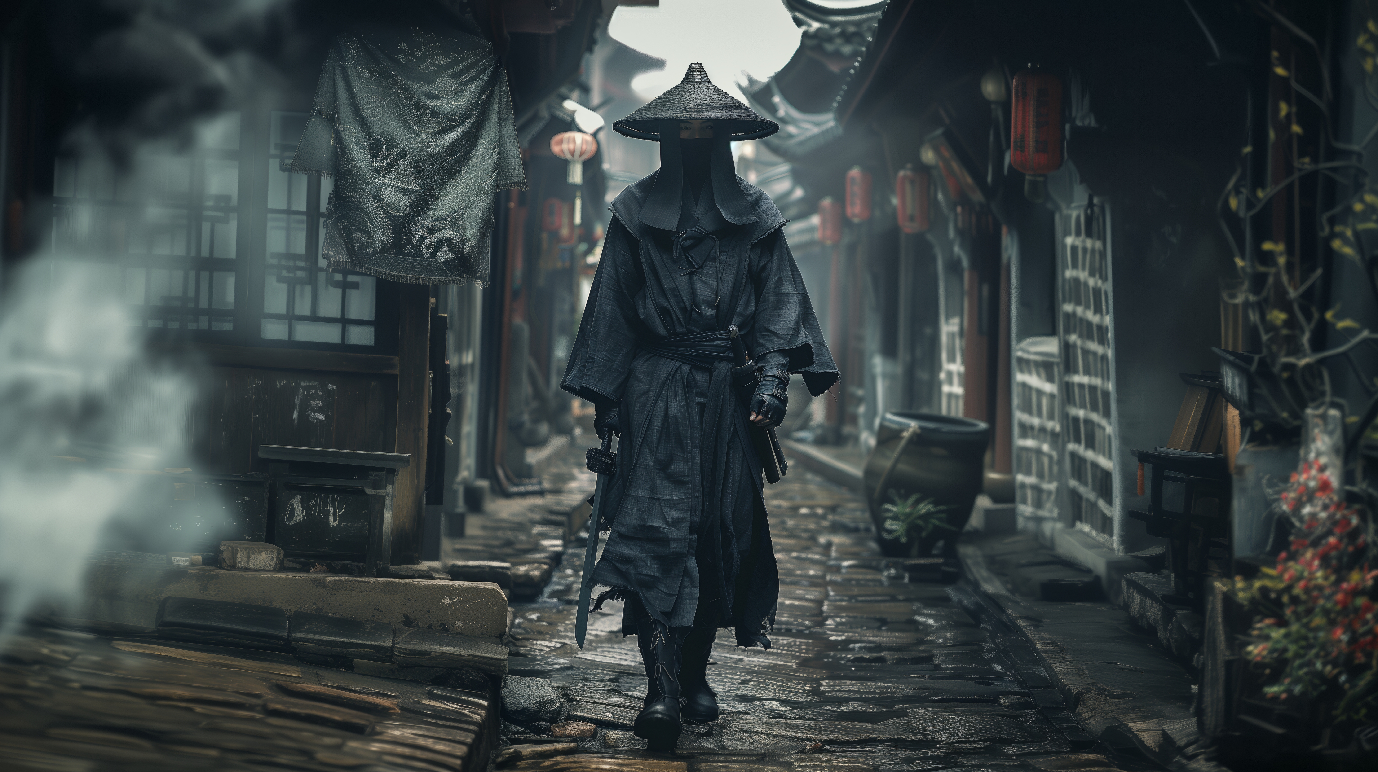 General 5824x3264 AI art Japan assassins  alleyway walking wide sleeves smoke depth of field Japanese clothes lantern architecture