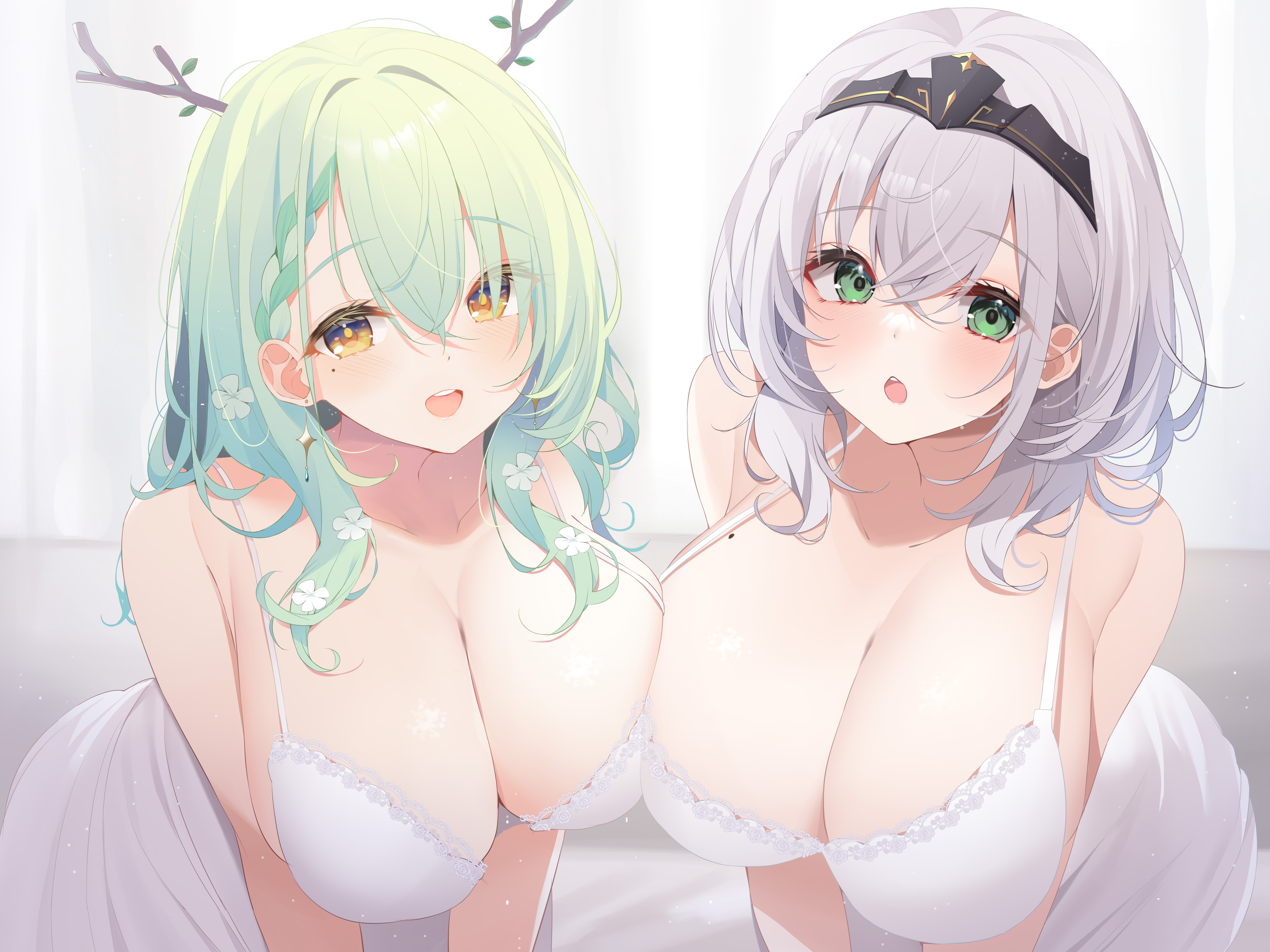Anime 8500x6375 anime anime girls Hololive Ceres Fauna big boobs Shirogane Noel Deyui white background bright Virtual Youtuber huge breasts cleavage smiling hair between eyes blushing looking at viewer collarbone open mouth flower in hair earring headband green hair yellow eyes gray hair green eyes french braids boobs on boobs dress white dress mole on breast leaning long hair moles