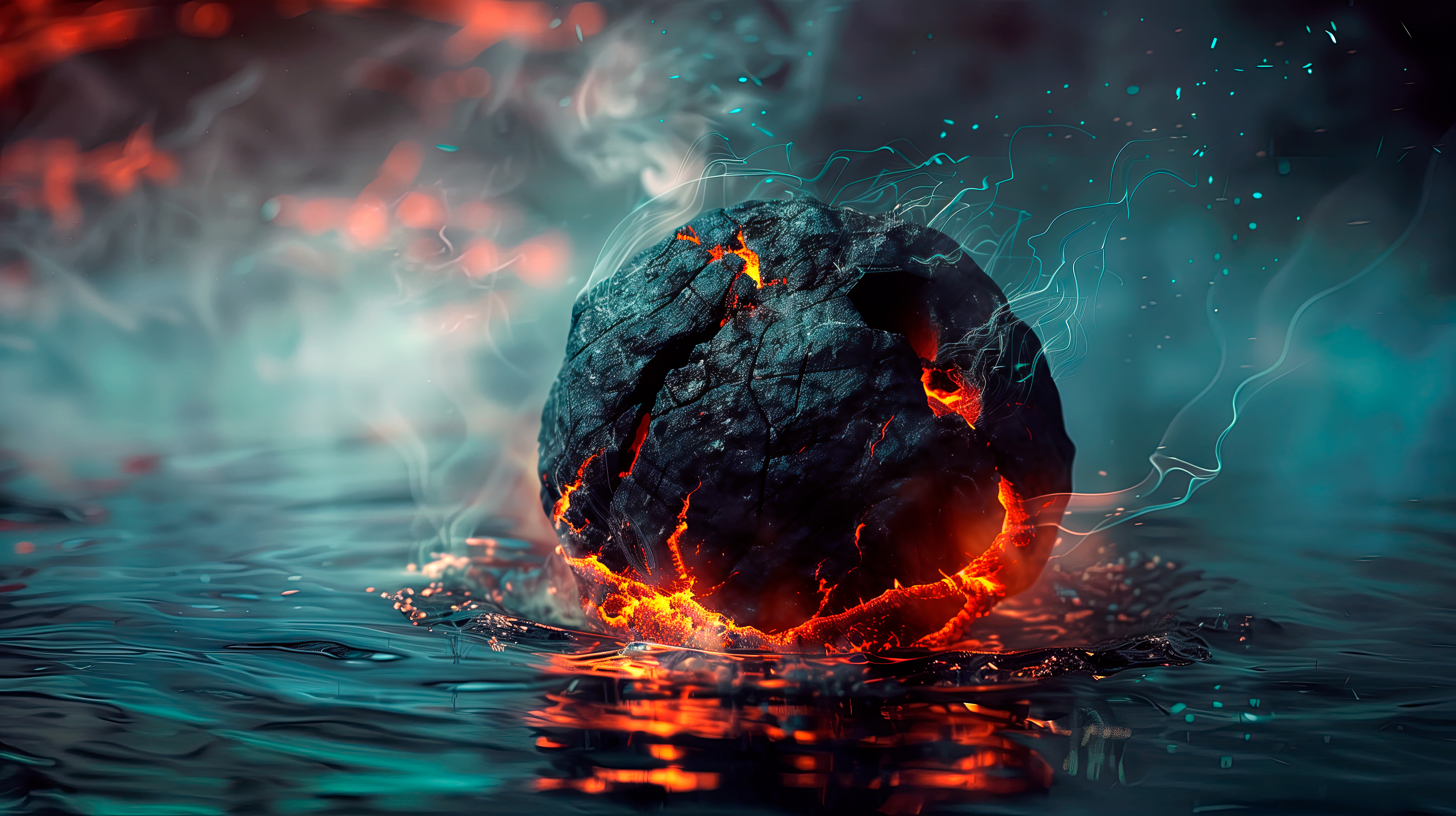 General 5824x3264 rocks water surreal digital art AI art smoke depth of field reflection lava