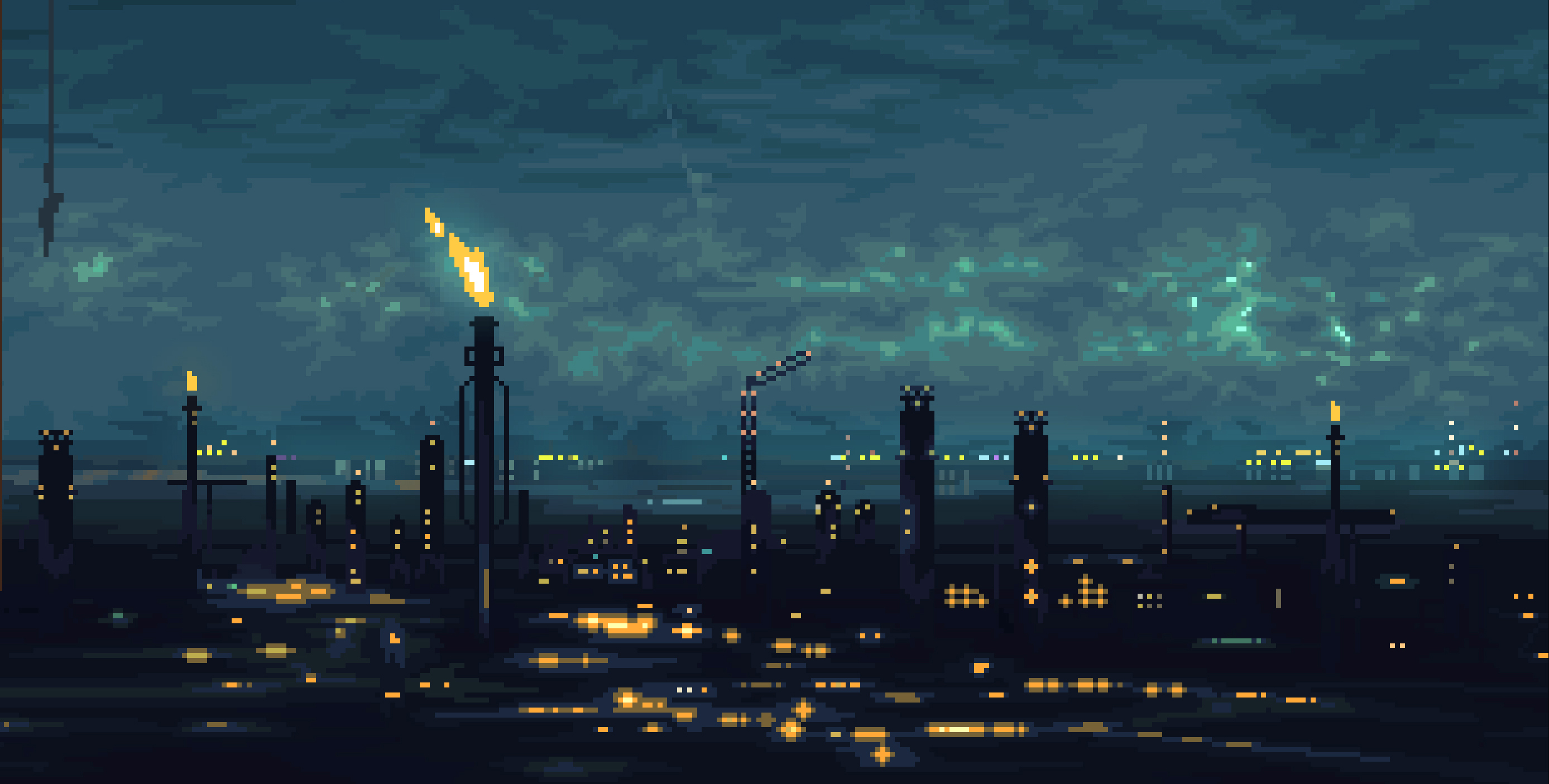 General 2775x1405 Norco video games PlayStation Xbox fire city industrial pixel art pixelated night