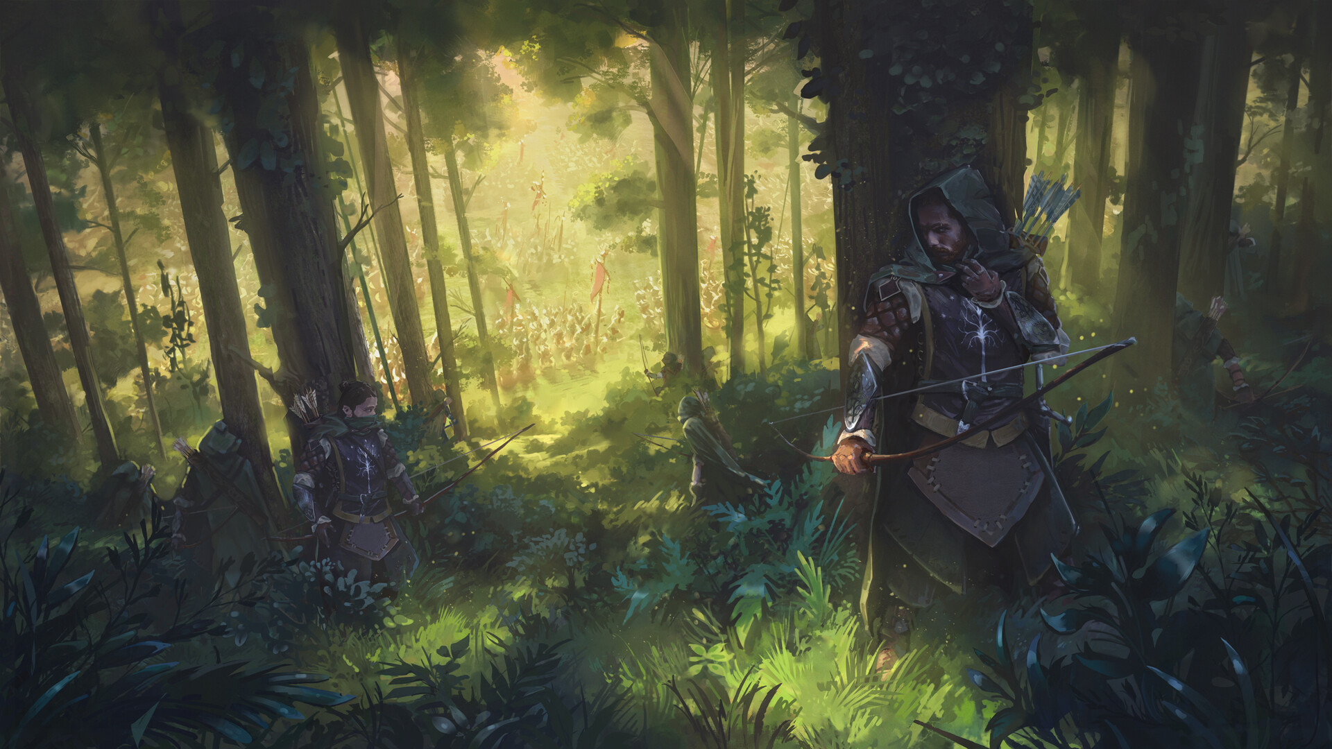 General 1920x1080 Nikolay Timofeev drawing archer forest army hoods bow and arrow The Lord of the Rings