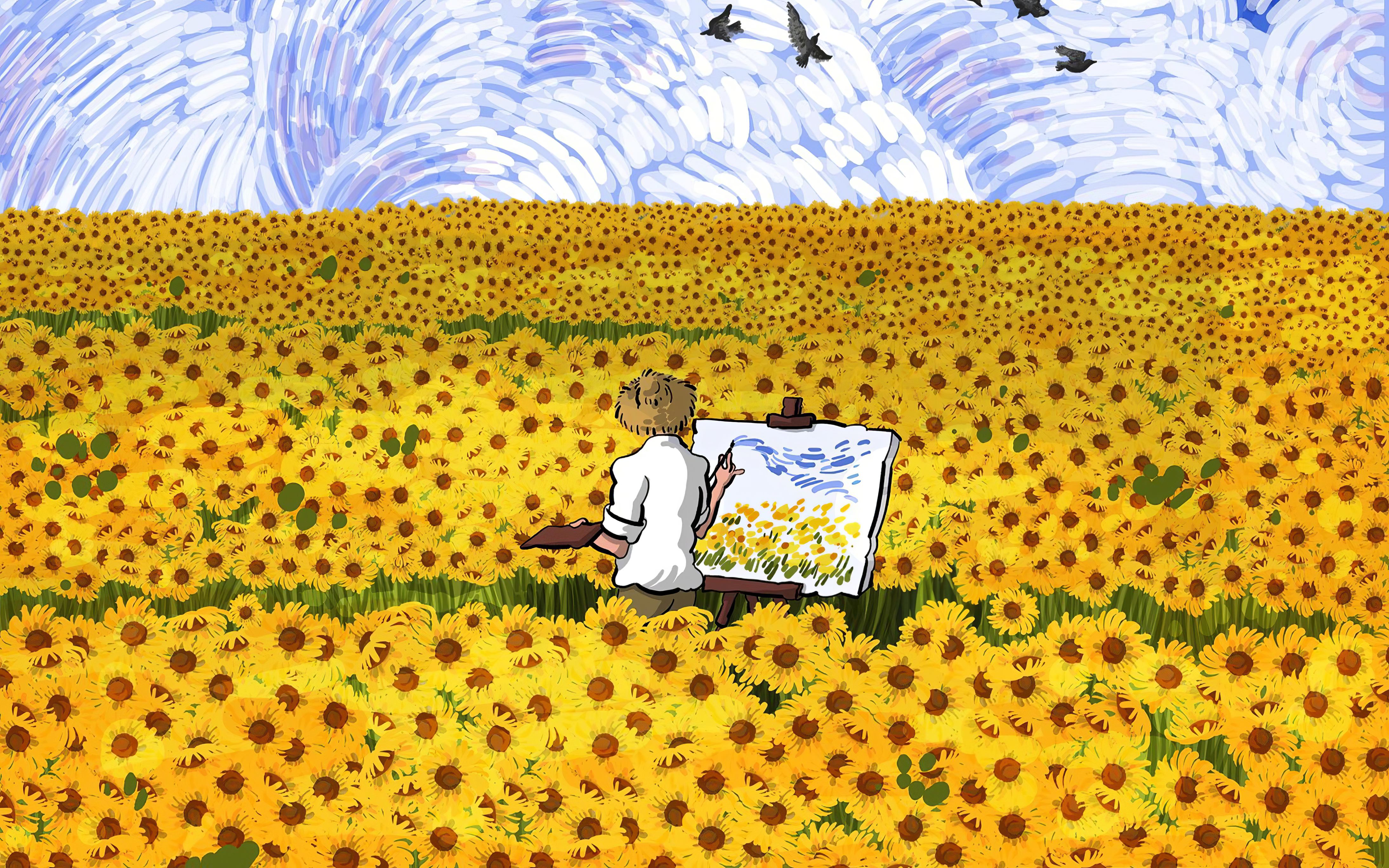 General 4378x2736 Alireza Karimi Moghaddam Vincent van Gogh painting sunflowers flowers straw hat rear view field canvas men birds men outdoors artwork rolled sleeves