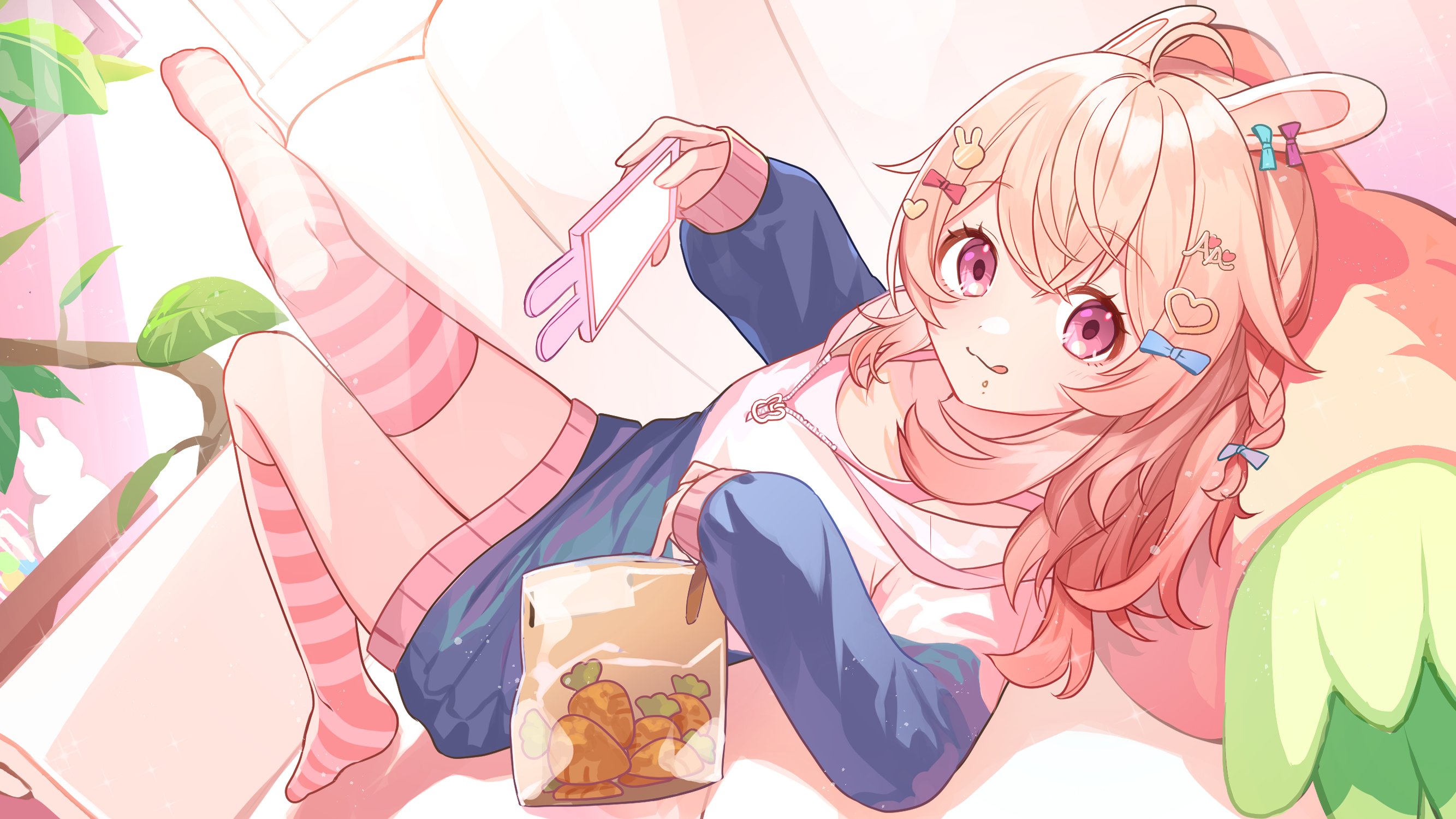 Anime 2667x1500 pipkin pippa Phase Connect lying down looking at viewer smiling lying on back long hair smartphone tongue out thigh high socks socks anime girls food crumbs leaves couch thighs carrots hair between eyes hair ornament bunny ears vegetables cushions women indoors bright ahoge holding phone