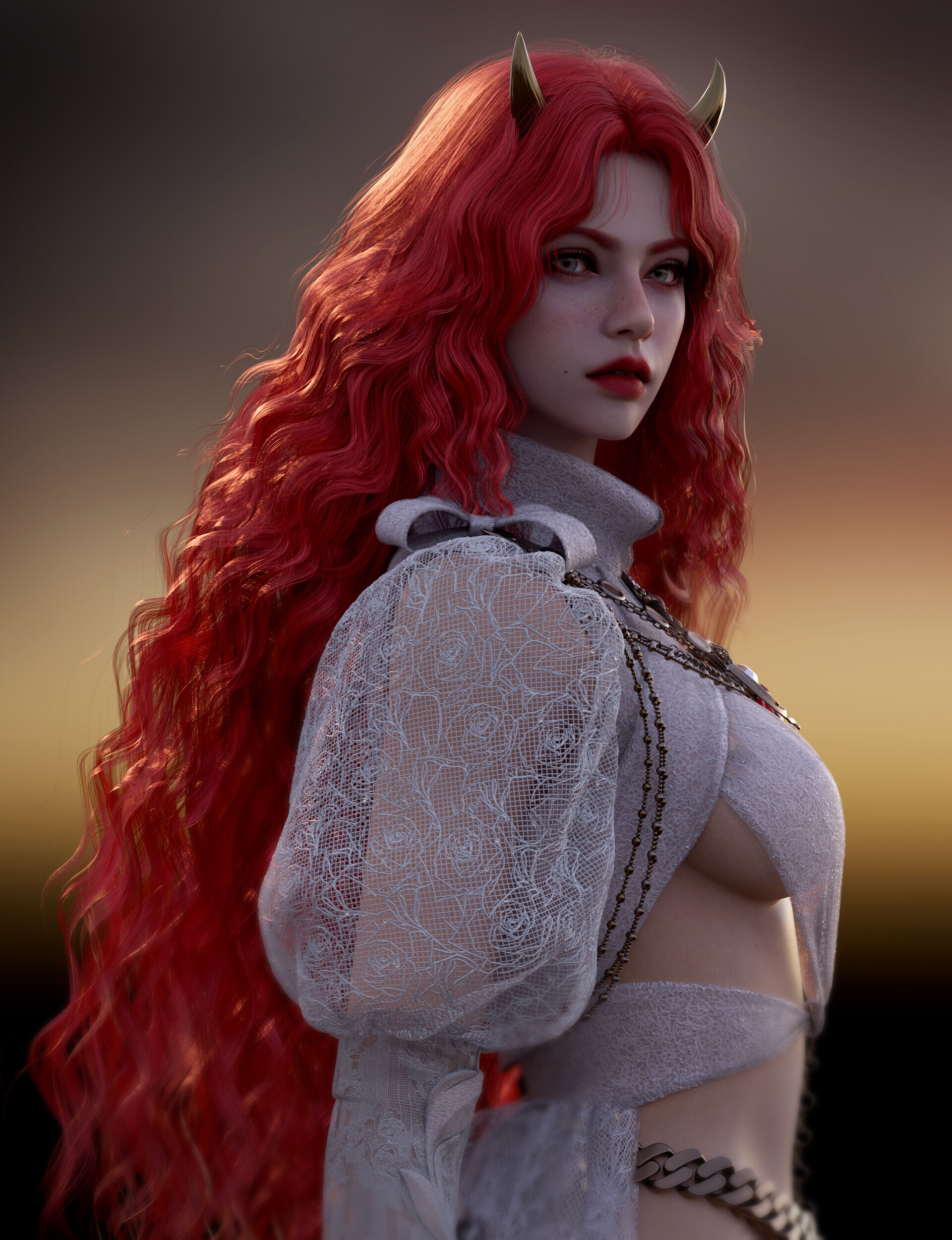 General 1920x2500 Shin Jungeun CGI women redhead wavy hair horns portrait display long hair parted lips juicy lips standing side view blue eyes white clothing simple background boobs sideboob looking at viewer demon girls
