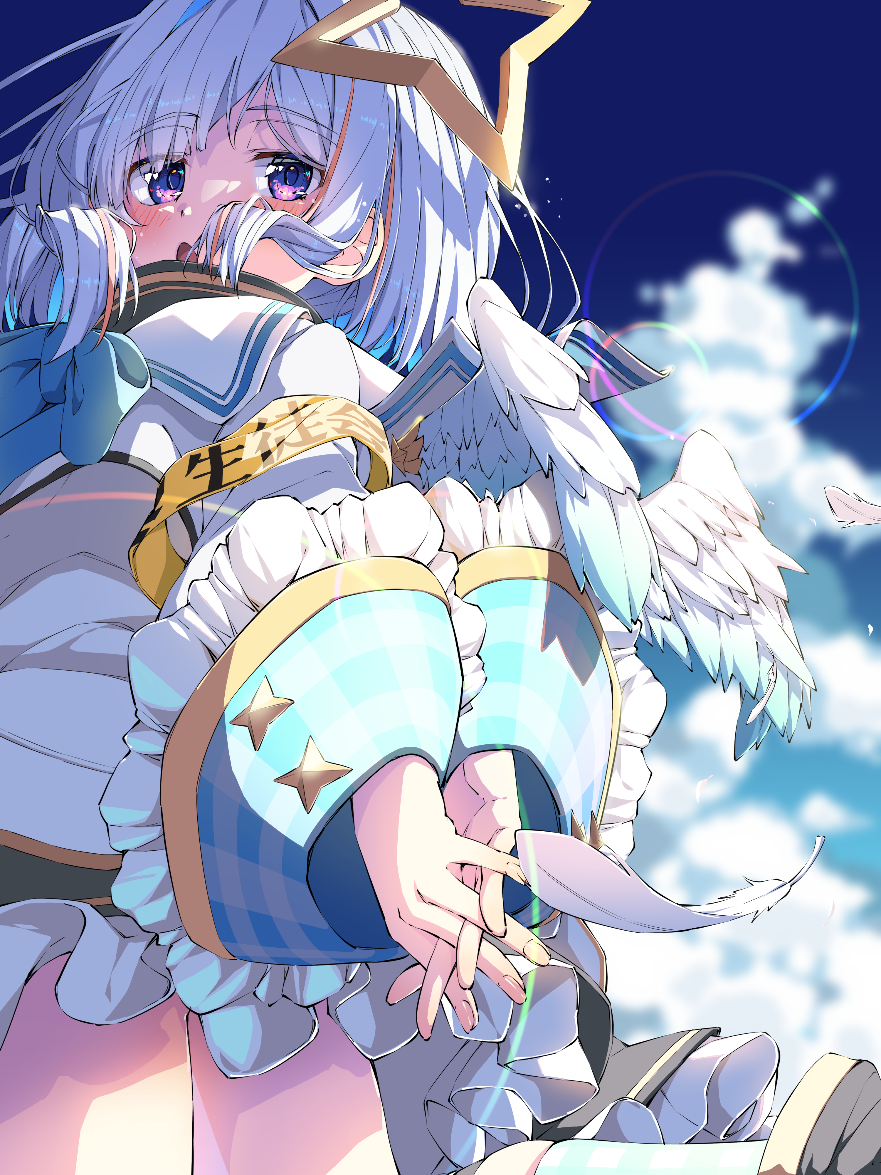 Anime 3000x4000 ama rei Pixiv anime anime girls Amane Kanata Virtual Youtuber Hololive looking back standing looking at viewer wings portrait display clouds open mouth wide sleeves arm(s) behind back frills multi-colored hair feathers purple eyes short hair schoolgirl school uniform armband fingers interlaced