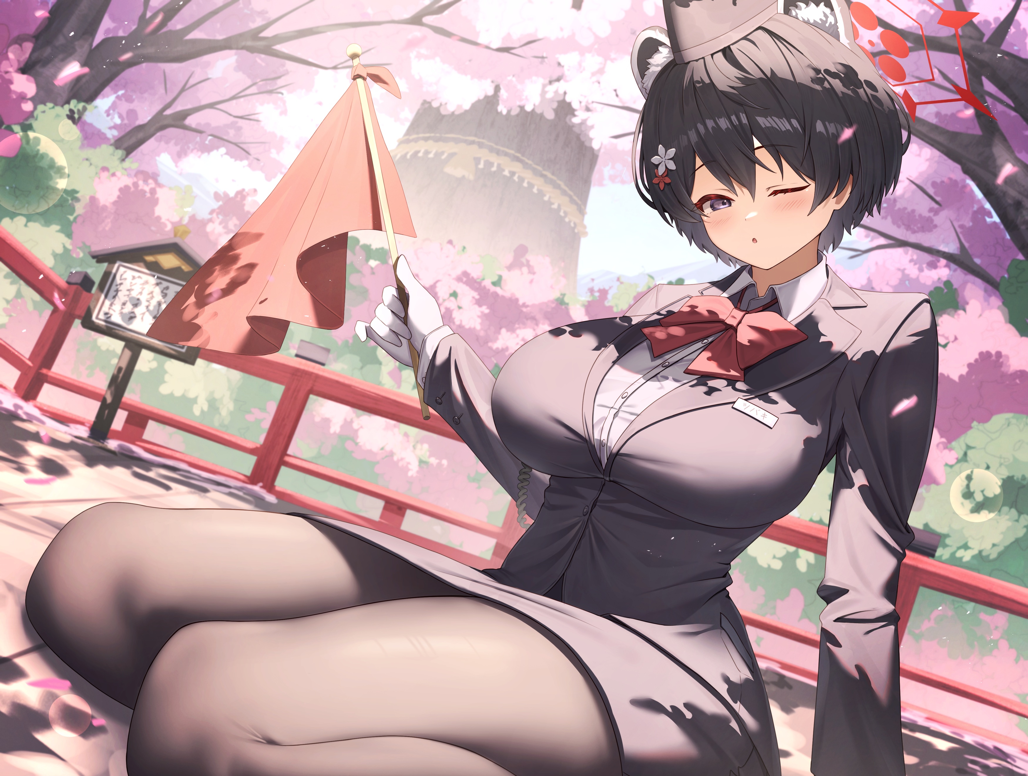 Anime 3500x2642 Blue Archive huge breasts Kasuga Tsubaki (Blue Archive) looking at viewer sitting one eye closed tour guide black pantyhose petals animal ears white gloves uniform women outdoors long sleeves black hair hair ornament trees cherry blossom flag Eiryu33 open mouth short hair blushing red bow black skirts
