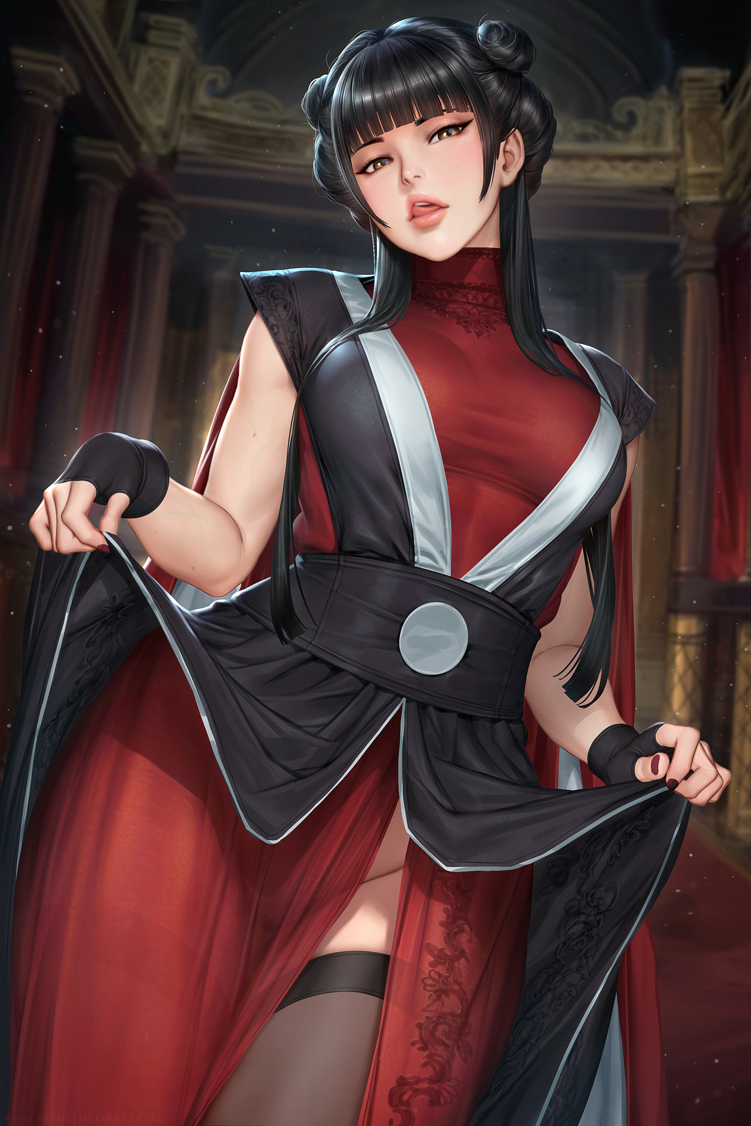 General 2400x3597 Avatar: The Last Airbender Mai (Avatar) animated character artwork drawing fan art portrait display 2D NeoArtCorE (artist) frontal view lifting clothes licking lips long hair black thigh highs standing looking at viewer tongues black hair yellow eyes gloves fingerless gloves big boobs thigh-highs red nails painted nails