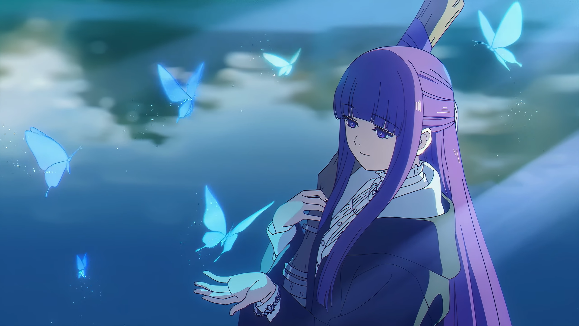 Anime 1920x1080 anime Sousou No Frieren Fern (Sousou No Frieren) Anime screenshot purple hair butterfly purple eyes