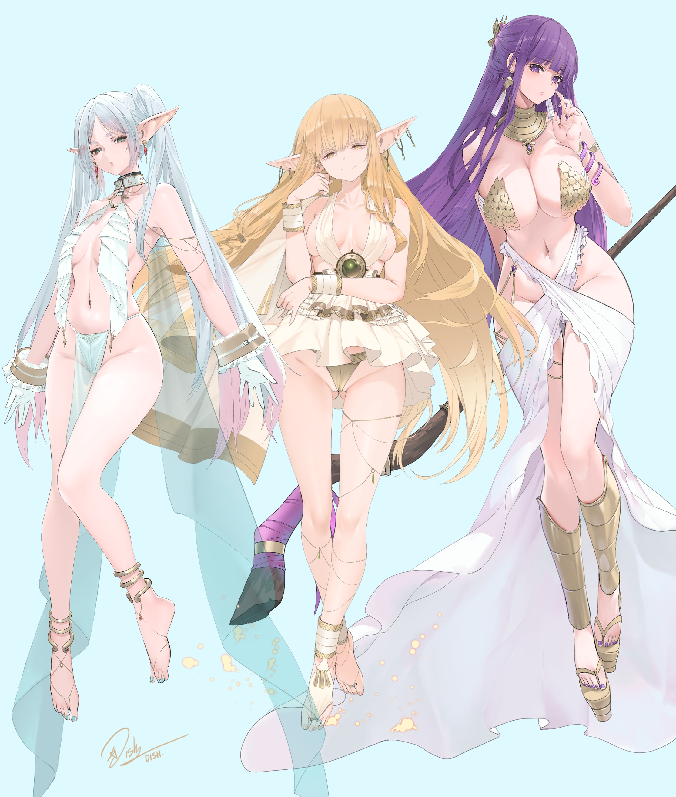 Anime 2230x2629 Sousou No Frieren Frieren portrait display signature Fern (Sousou No Frieren) Serie (Sousou no Frieren) looking at viewer jewelry simple background elves blue background boobs Dishwasher1910 long hair anime girls women trio group of women staff skimpy clothes cleavage alternate costume elven