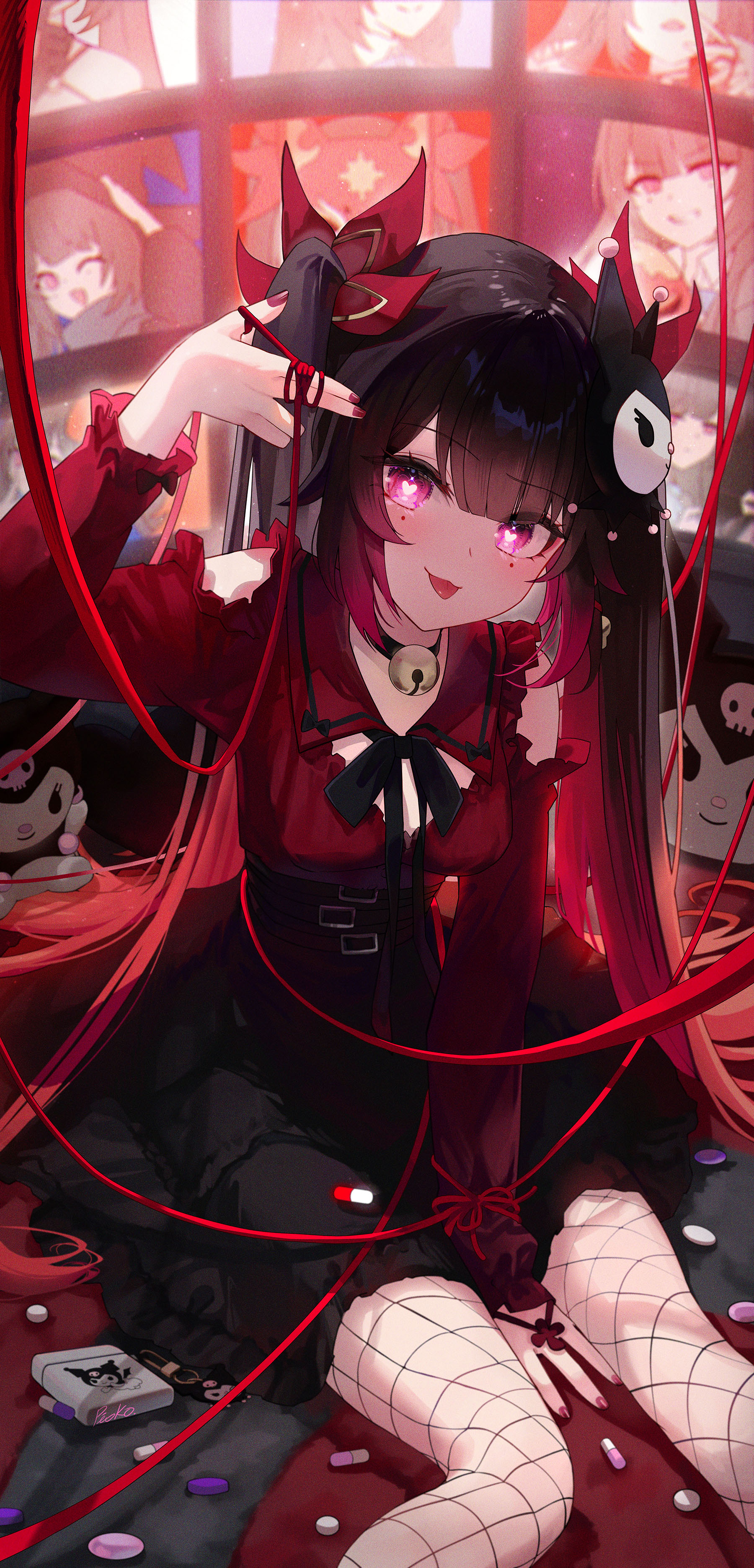 Anime 1800x3742 anime games anime girls Sparkle (Honkai: Star Rail) pioko looking at viewer Honkai: Star Rail sitting portrait display anime tongue out heart eyes fishnet pills Pixiv strings hair ornament Pistachiocream tongues bare shoulders choker hand(s) between legs legs bells two tone hair one arm up painted nails pink eyes smiling bangs finger gun dress