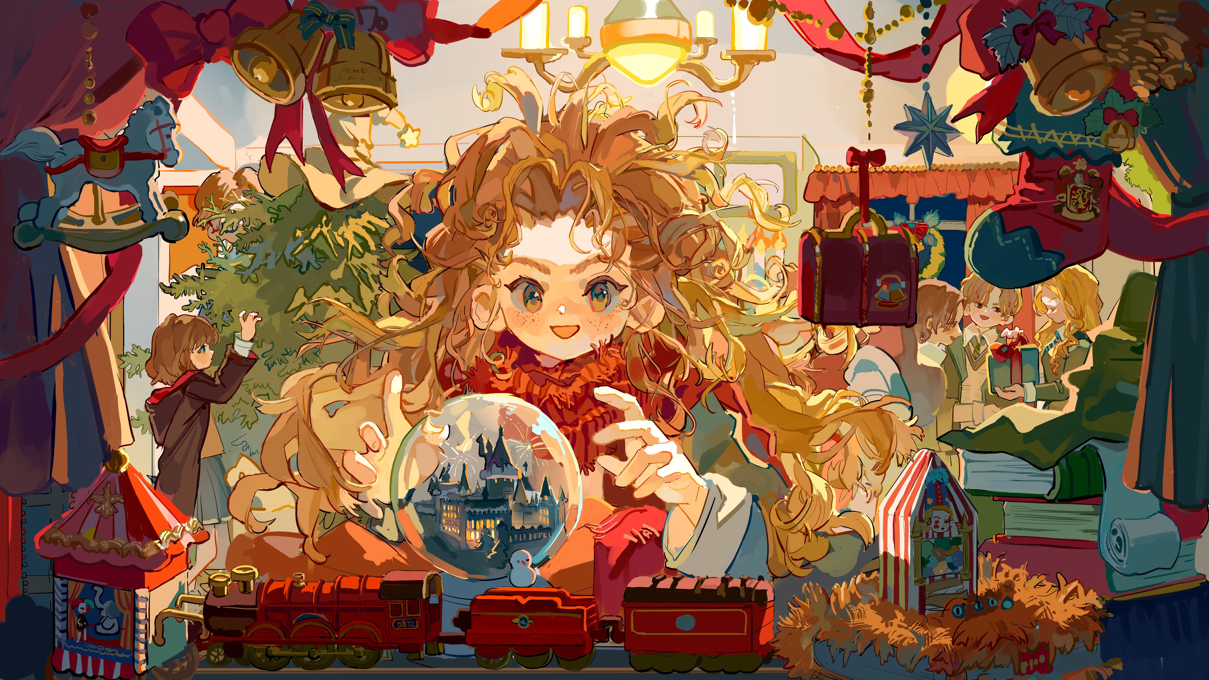 Anime 4096x2304 Harry Potter: Magic Awakened Harry Potter Abigail Grey Cassandra Vole Colby Frey Fischer Frey Christmas tree Robyn Thistlethwaite toys group of people long hair blonde Putong Xiao Gou Christmas presents bells snow globe open mouth Christmas school uniform red scarfs messy hair
