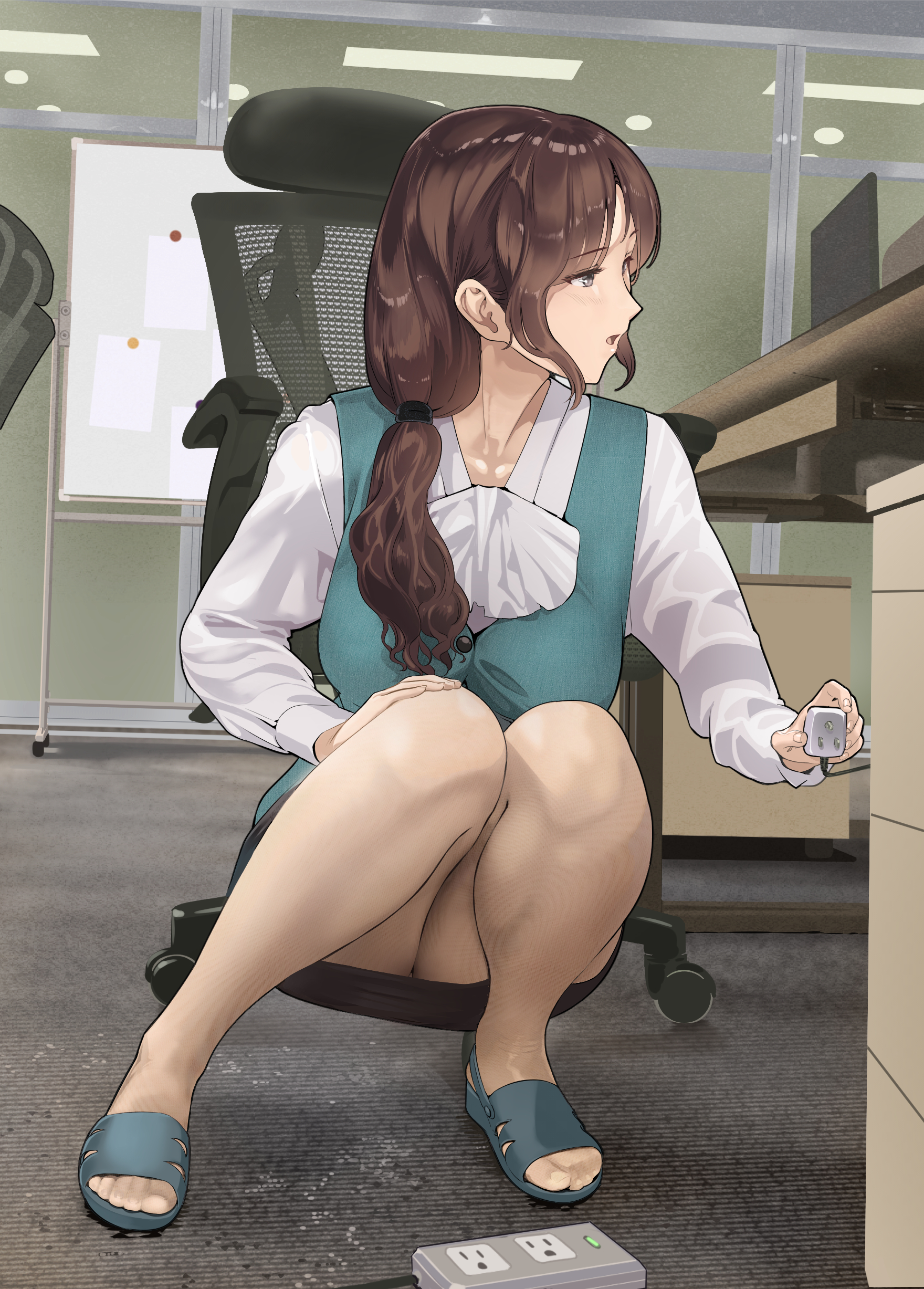 Anime 1760x2455 office girl office squatting brunette yewang19