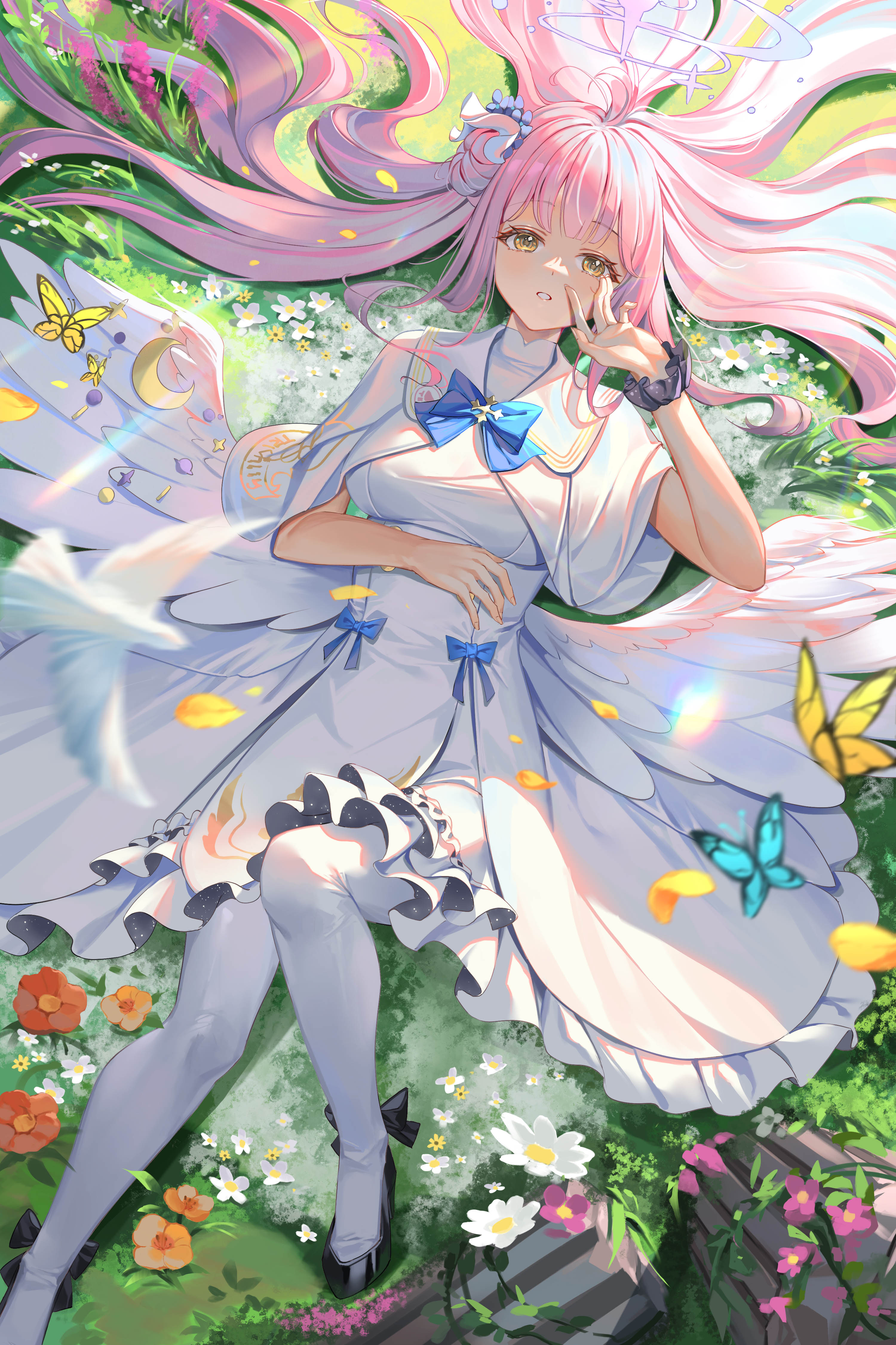 Anime 3000x4500 Blue Archive lying down Misono Mika butterfly looking at viewer grass lying on back white dress blue bow women outdoors yellow eyes angel wings white pantyhose petals al guang pantyhose top view long hair hairbun flowers birds dress anime anime girls frills hair spread out sunlight