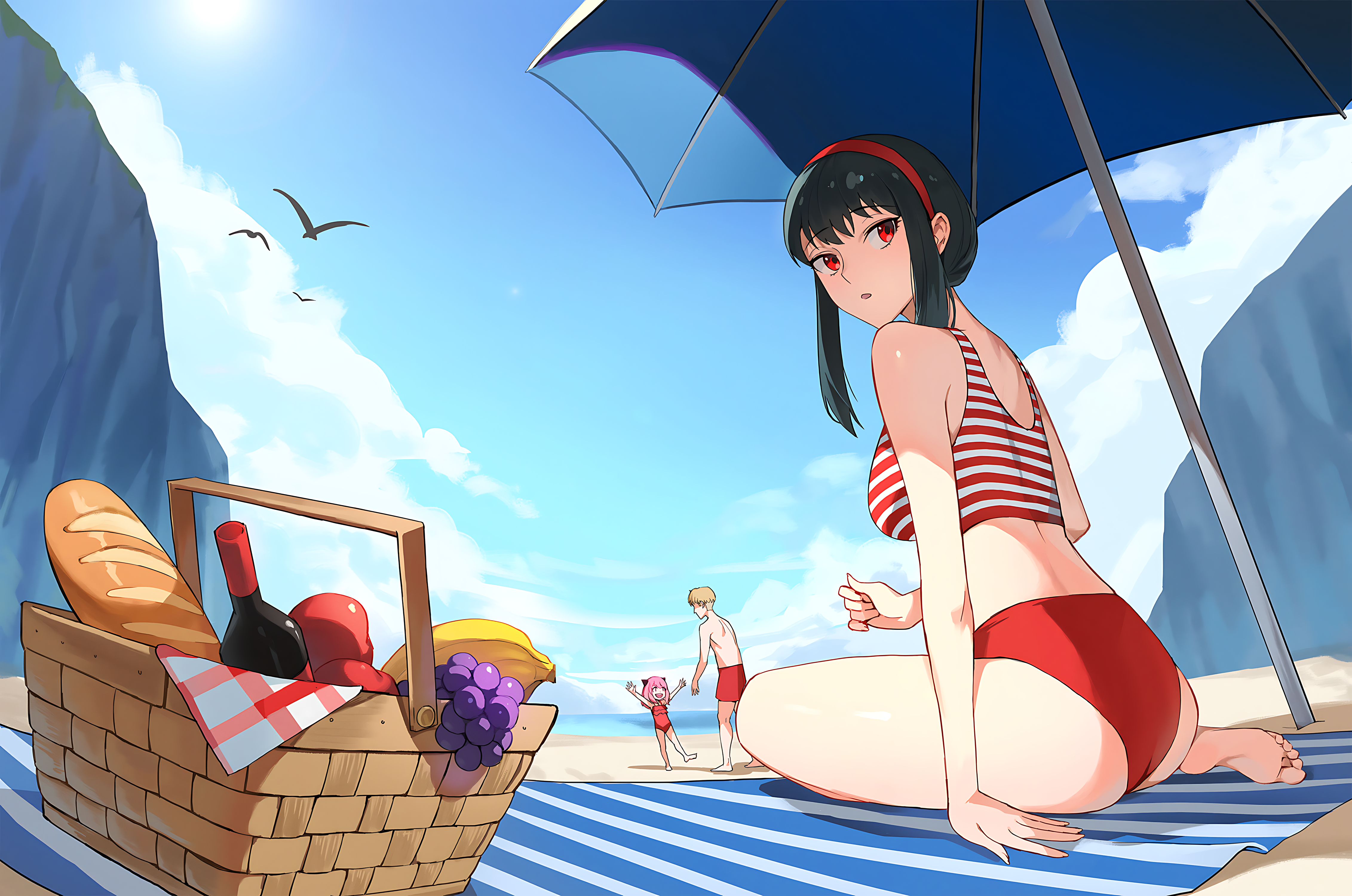 Anime 4526x3000 Yor Forger Anya Forger Loid Forger Spy x Family anime anime girls artwork drawing 2D fan art Jason Kim beach looking back picnic striped beach umbrella food sky clouds beach towel red swimsuit bright bread fruit swimwear open mouth long hair wine bottle