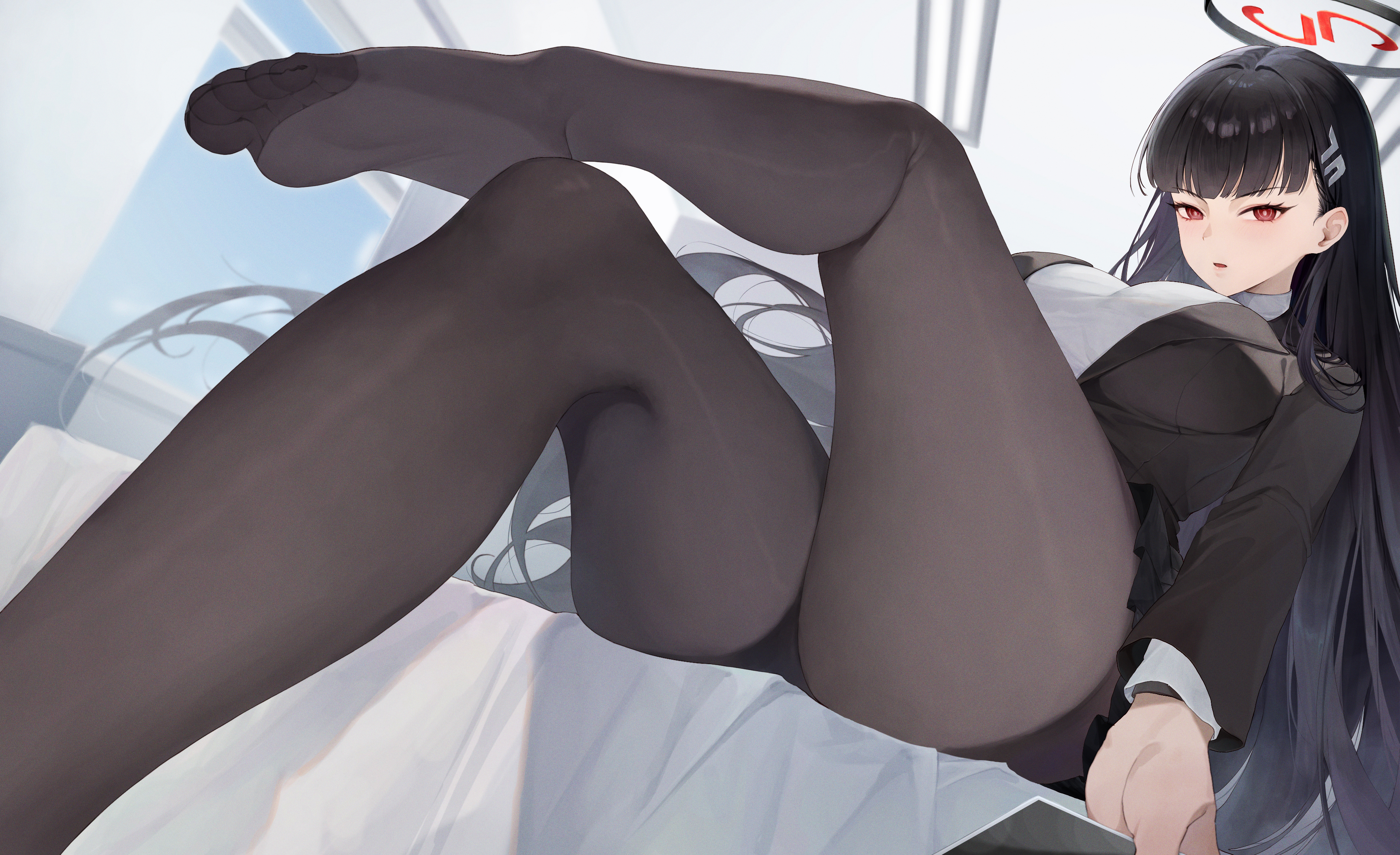 Anime 3456x2110 Blue Archive pantyhose Tsukatsuki Rio long hair black pantyhose hair clip hair ornament red eyes looking at viewer thighs KanonSinto black hair huge breasts black suit long sleeves parted lips low-angle women indoors anime girls pointed toes
