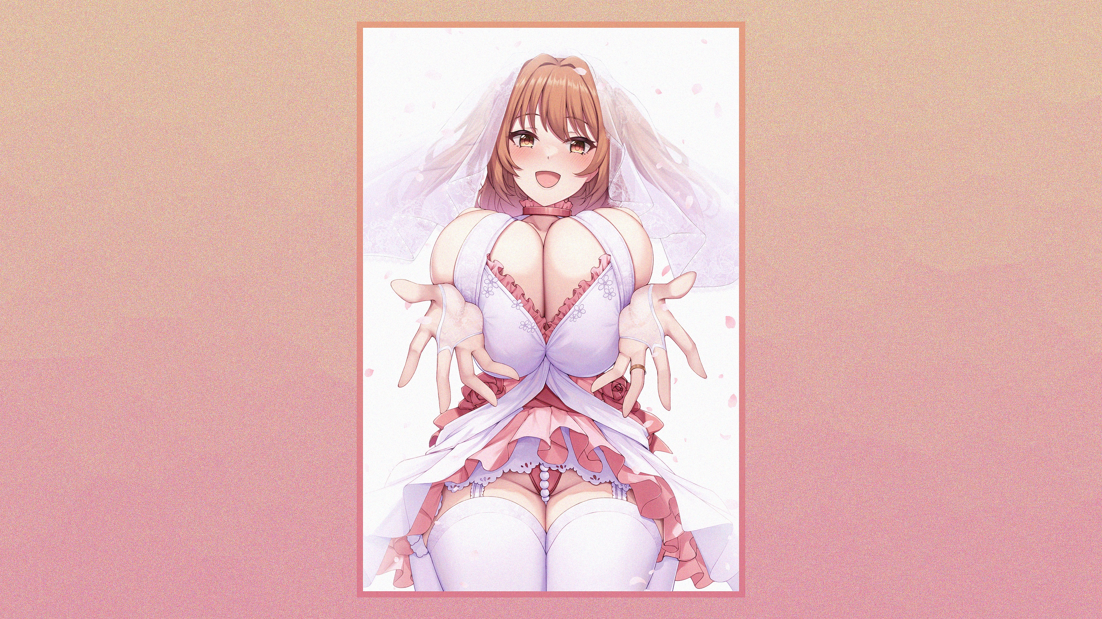 Anime 3577x2012 anime anime girls mature women wide hips thighs ecchi boobs big boobs huge breasts simple background frills mature body minimalism Princess Connect Re:Dive Nozomi (Princess Connect!) hair between eyes blushing brunette brown eyes open mouth long hair arms reaching petals frontal view pressed boobs white thigh highs skirt thigh-highs cleavage Kannko Bokujou rings