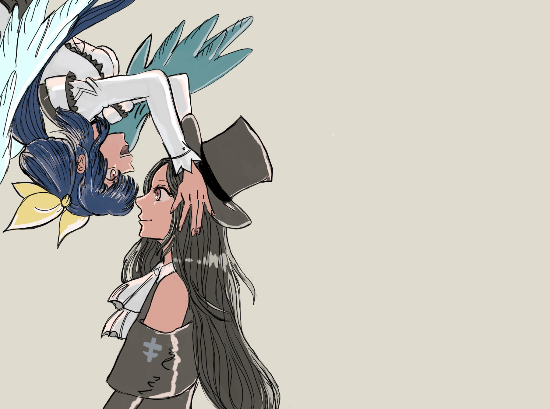 Anime 1806x1342 Guilty Gear Guilty gear strive Dizzy (Guilty Gear) Testament (guilty gear) couple anime games anime girl with wings anime girls long hair anime couple smiling side view upside down simple background top hat closed mouth open mouth hand(s) on head dress face to face