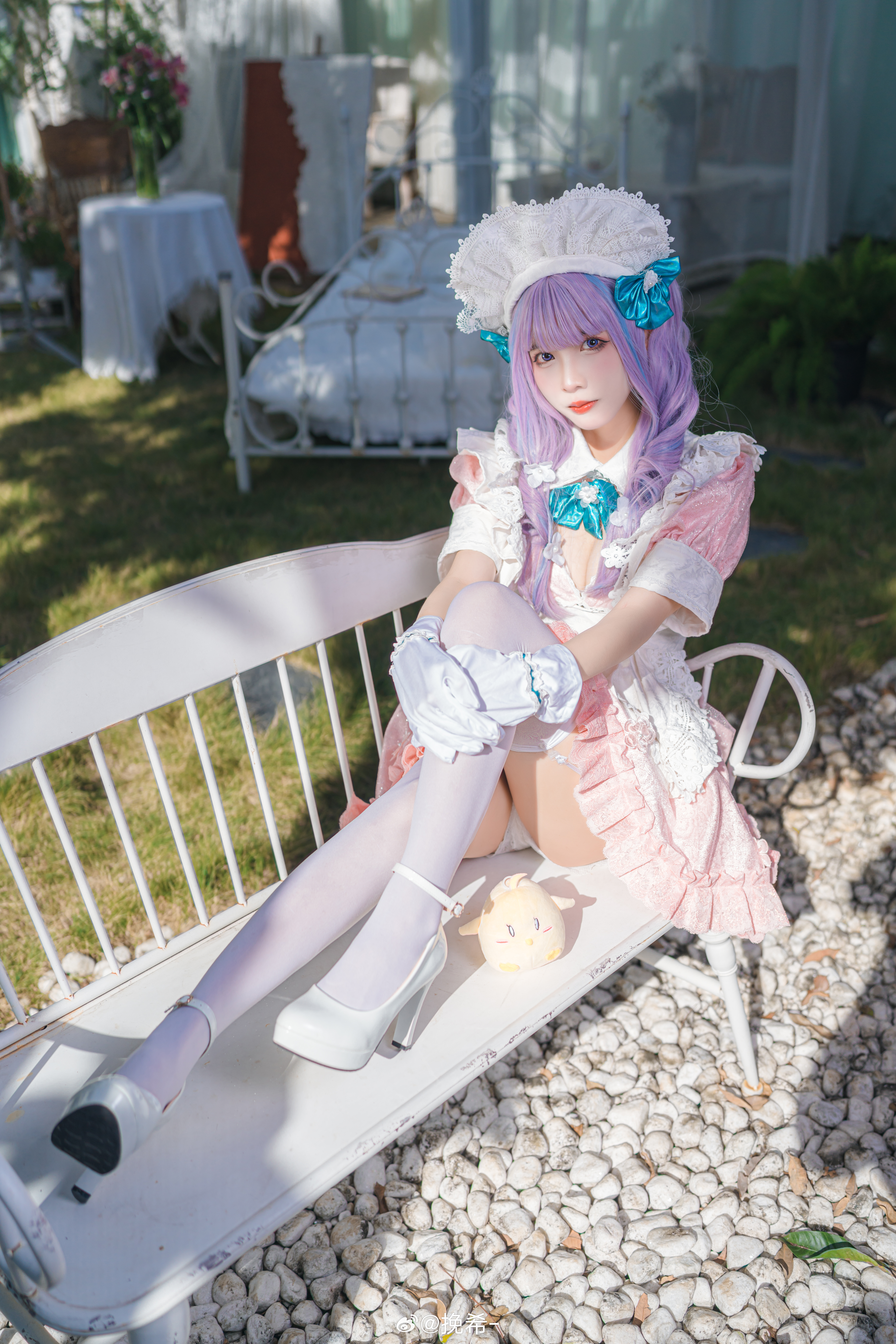 People 5304x7952 cosplay women Asian stockings high heels portrait display looking at viewer bench white stockings panties garter straps upskirt sunlight long hair purple eyes closed mouth short sleeves white gloves gloves depth of field