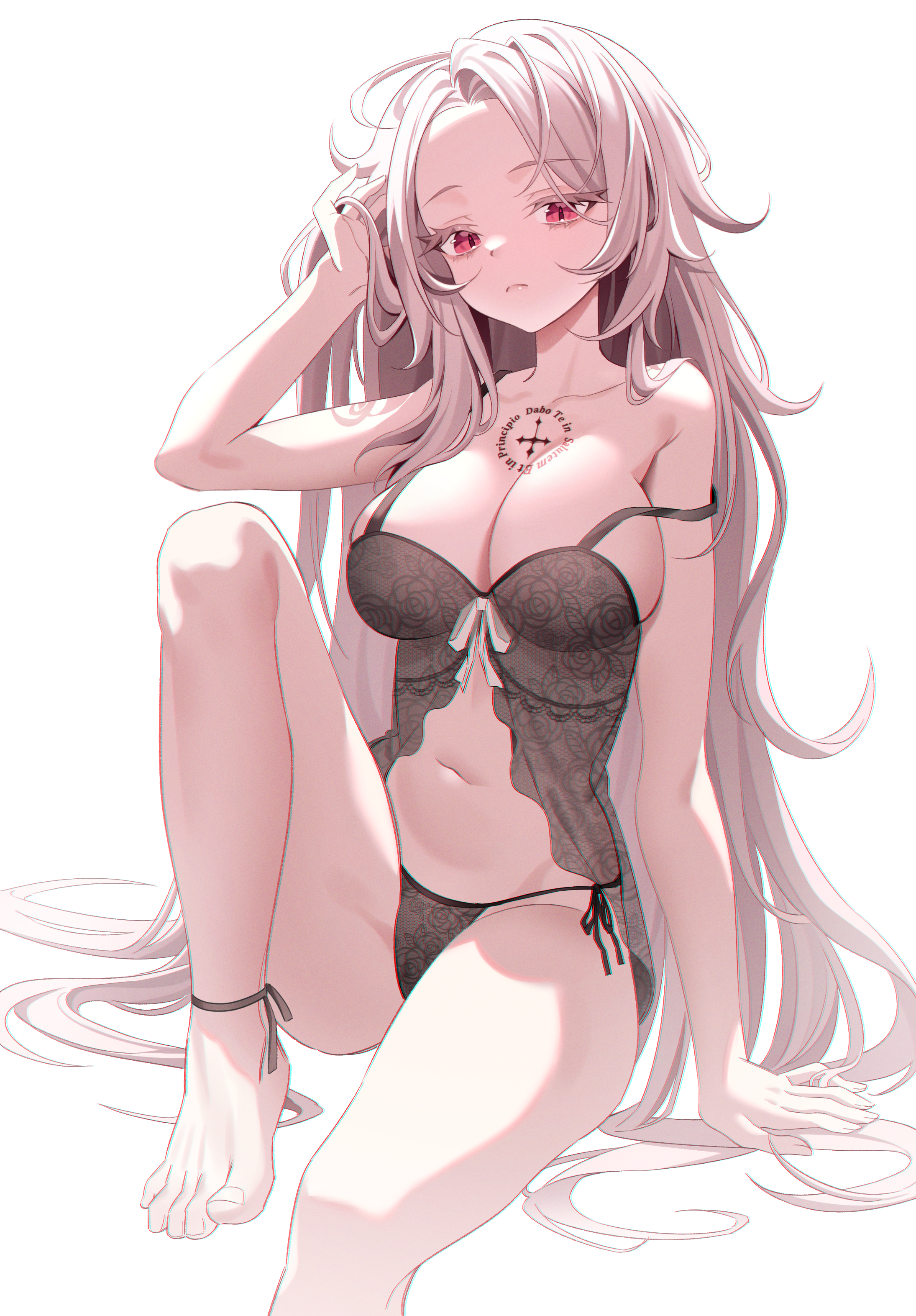 Anime 2190x3145 portrait display pink hair looking at viewer tattoo red eyes closed mouth grey heels babydolls white background thighs simple background thong black underwear panties black panties underwear string panties barefoot hand(s) in hair big boobs see-through lingerie toes anime girls frown strap falling off shoulder