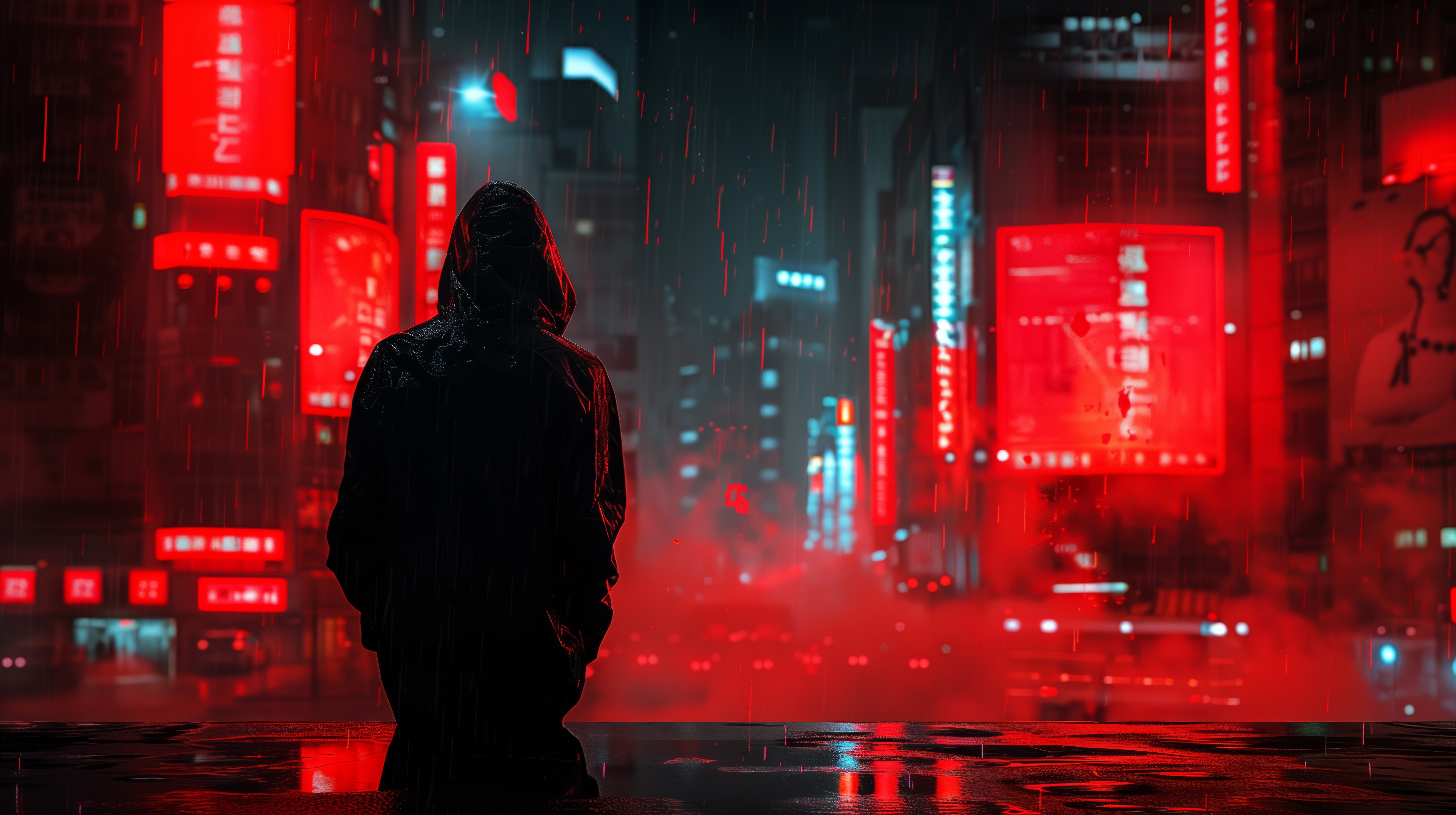 General 5824x3264 AI art illustration neon city cyberpunk hood red silhouette