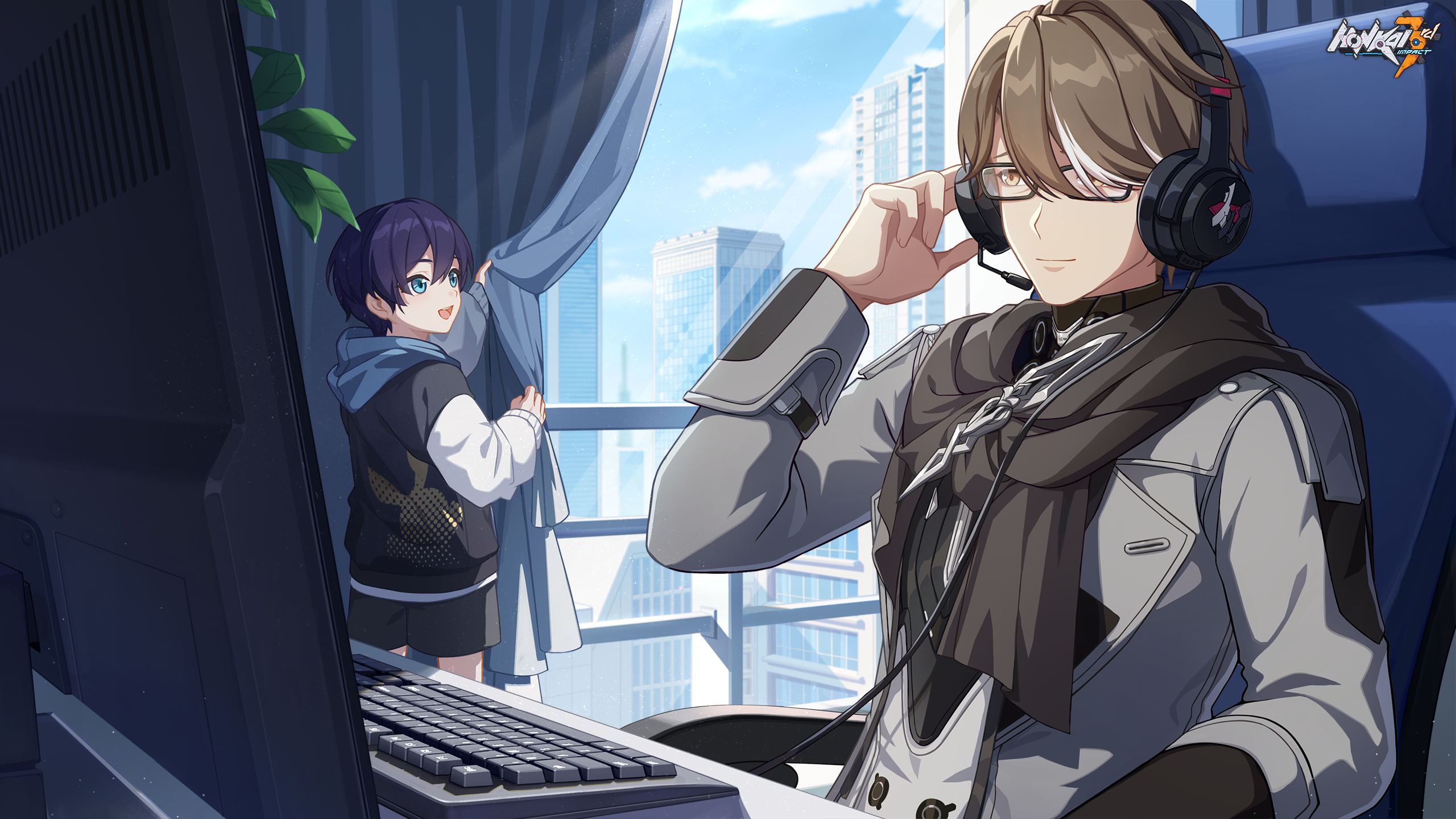 Anime 2560x1440 Honkai Impact Honkai Impact 3rd video games illustration headsets men indoors video game characters CGI video game boys sitting video game art screen shot glasses men with glasses hair between eyes monitor keyboards headphones building curtains sky clouds scarf leaves open mouth brunette brown eyes anime games